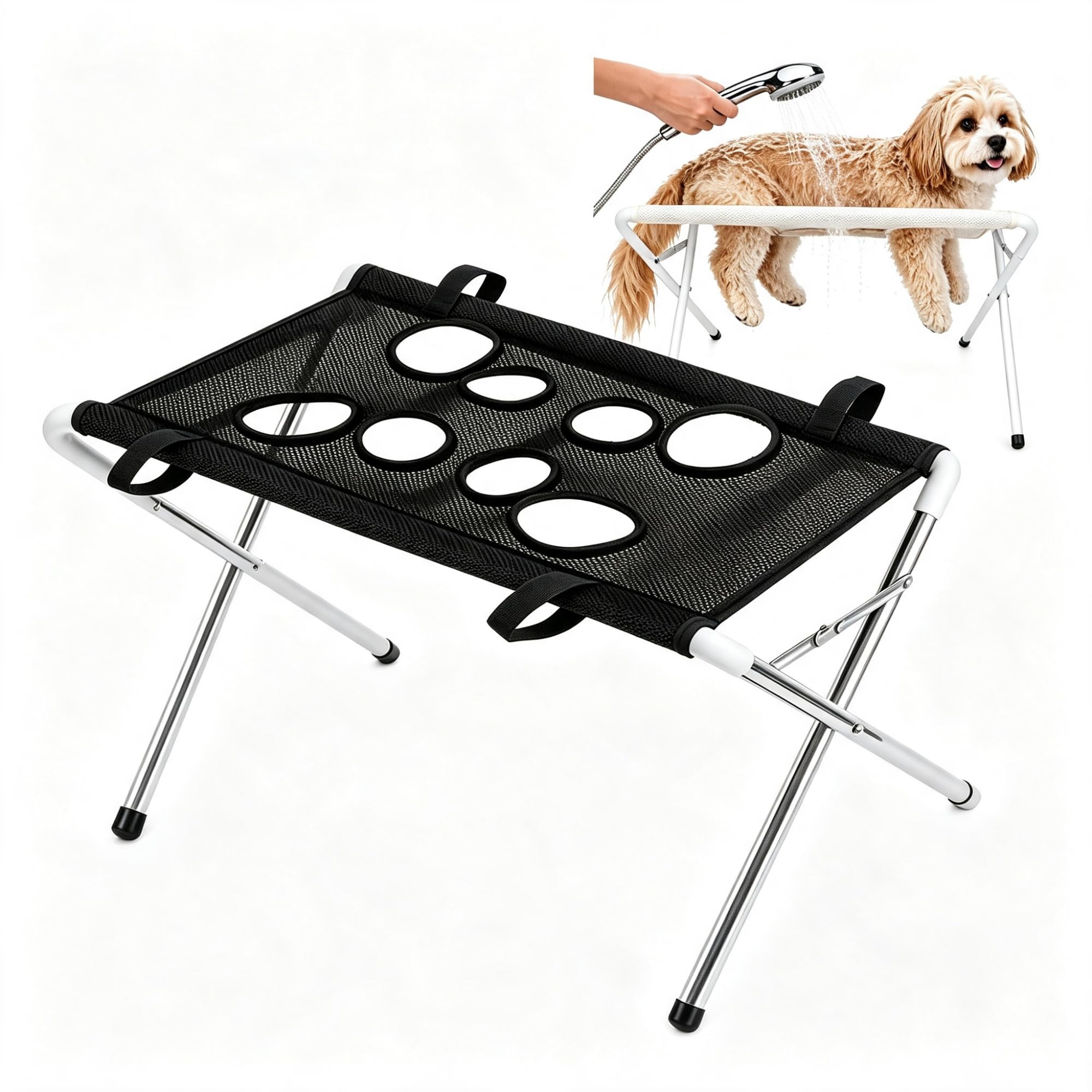 Foldable Pet Grooming Hammock Stand, Stainless Steel Pet Bath Holder, Escape‑Proof Mesh Hanging Harness for Small Dogs Cats, for Nail Clipping Bathing Brushing，black