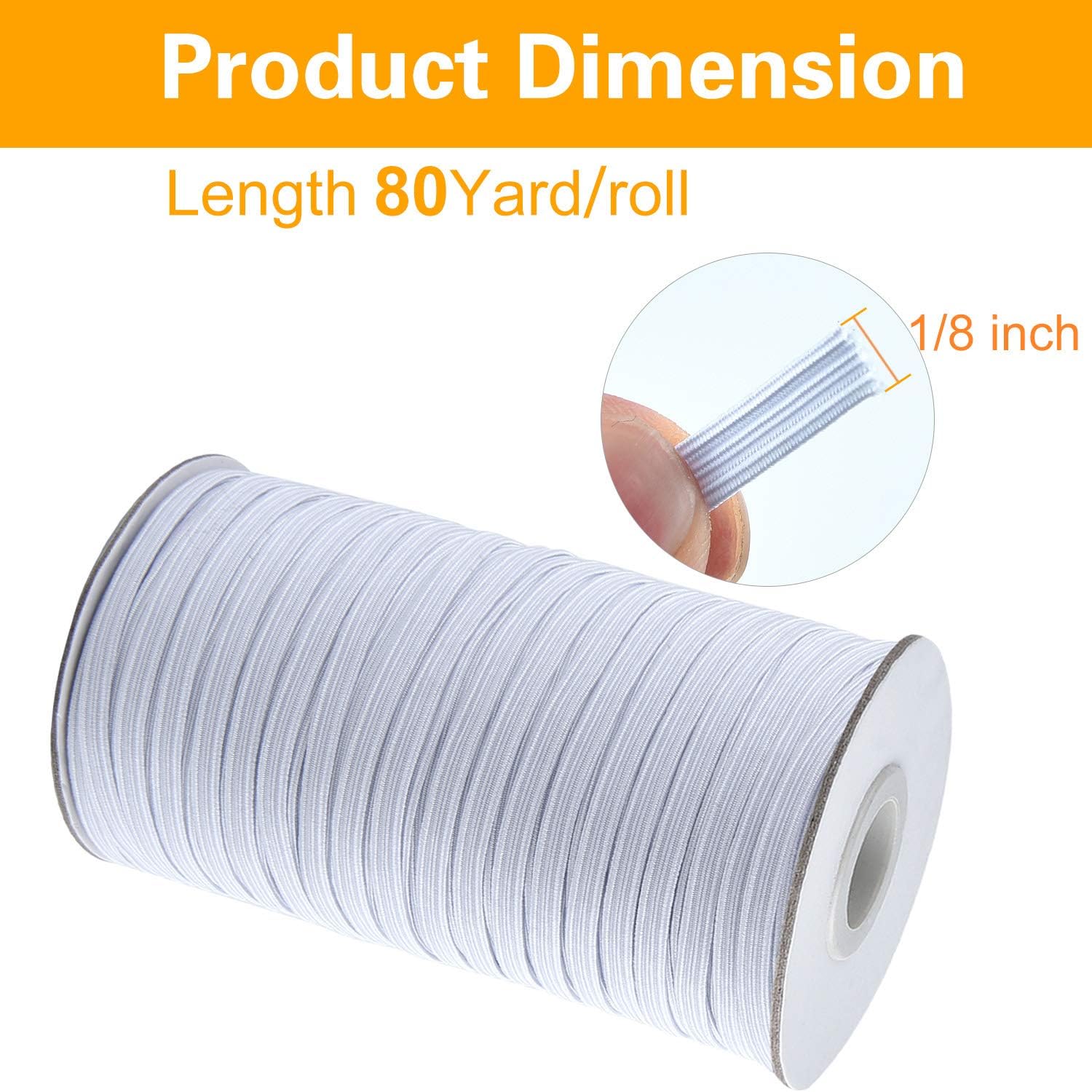 Coopay 160 Yards Length 1/8" Width Elastic Cord Elastic Bands Elastic Rope Heavy Stretch Elastic Spool Knit for Sewing, 2 Rolls, 80 Yards/Roll (White, 1/8 Inch)