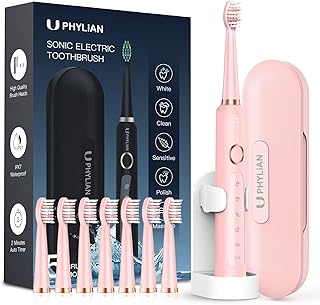 PHYLIAN Sonic Electric Toothbrush for Adults and Women - Rechargeable Electric Toothbrush with 8 Brush Heads, Travel Case,...