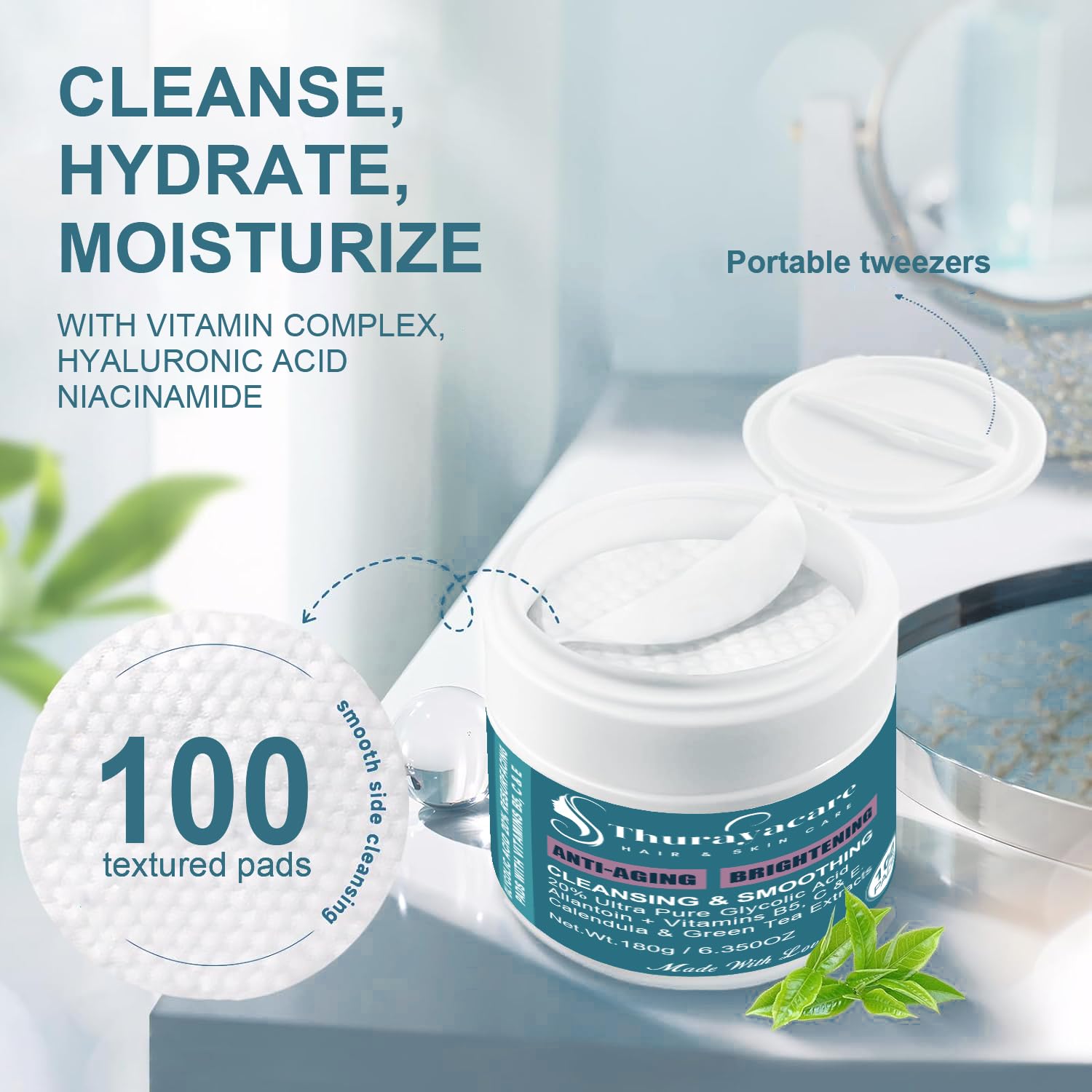 Glycolic Acid 20% Exfoliating Pads – Anti-Aging Face Pads with Vitamins B5, C, E, Allantoin & Niacinamide – Resurfacing, Brightening & Pore Cleansing – 100 Count - Image 7