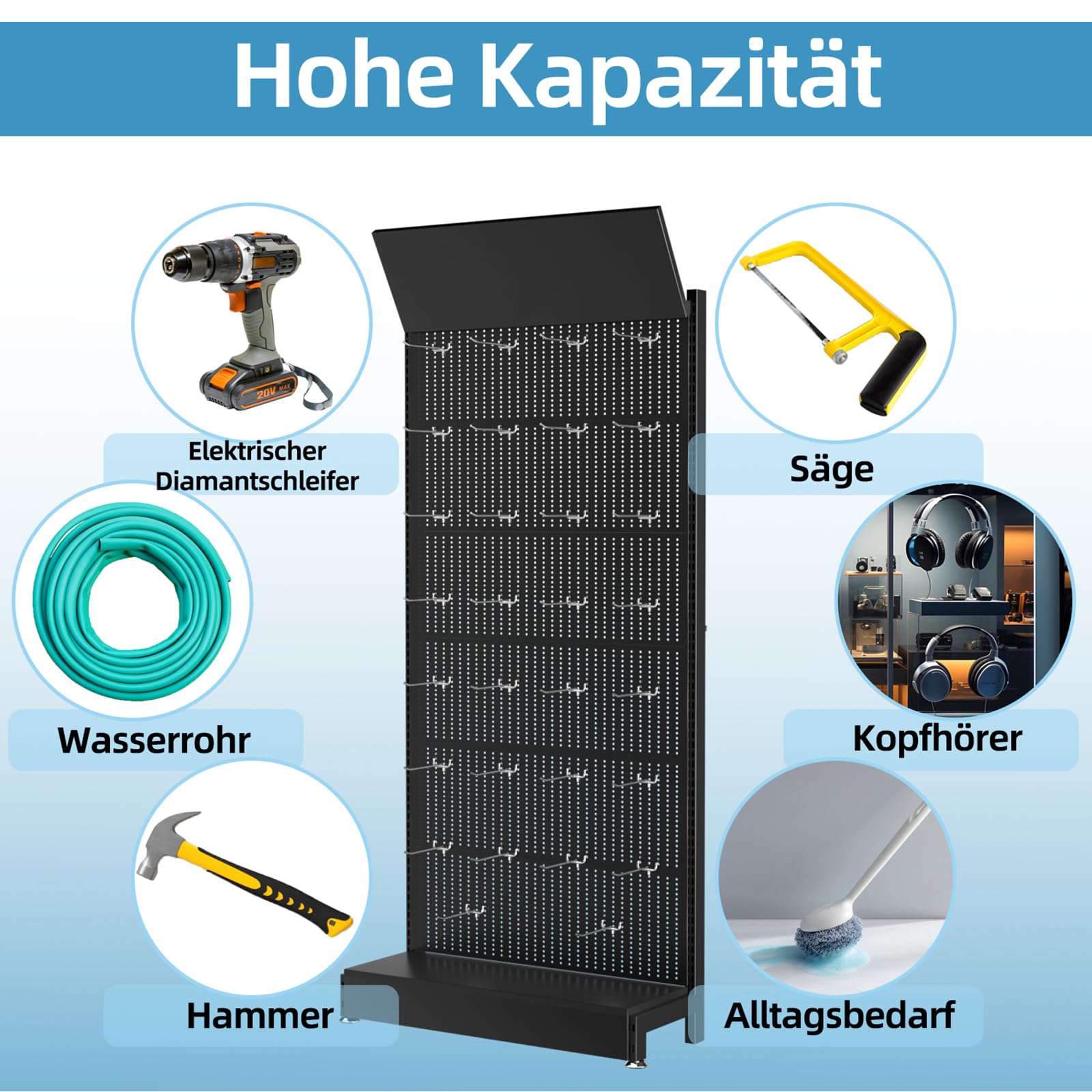 Pegboard-Ausstellungsständer mit 30 Haken, 218 x 93 x 35cm Metall-Pegboard-Organizer, Freistehendes Gondelregal für Einzelhandel, Heimwerker & Küche/Schwarz