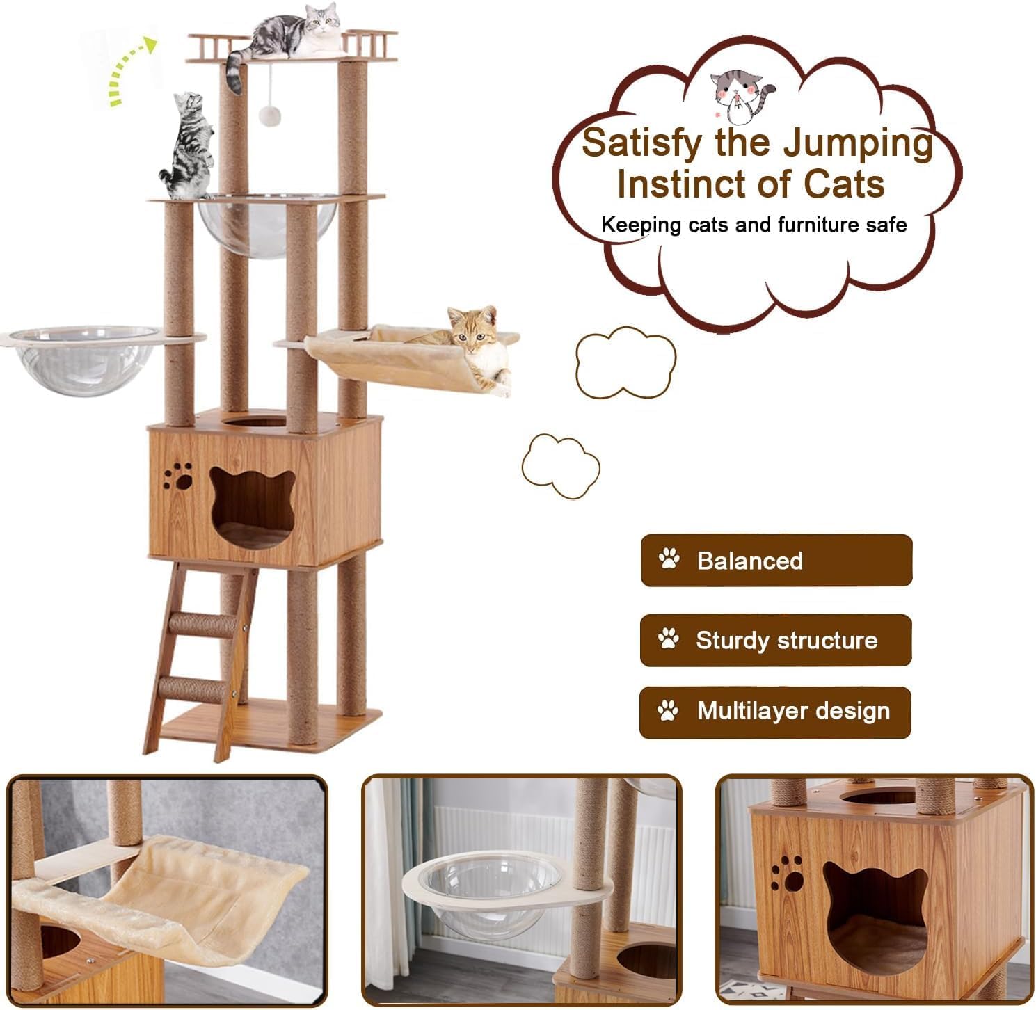 155 cm Grand Poteau à gratter avec Capsule Spatiale, en Jute, échelle, Cave, Jouet pour Chat, Plateformes en Peluche