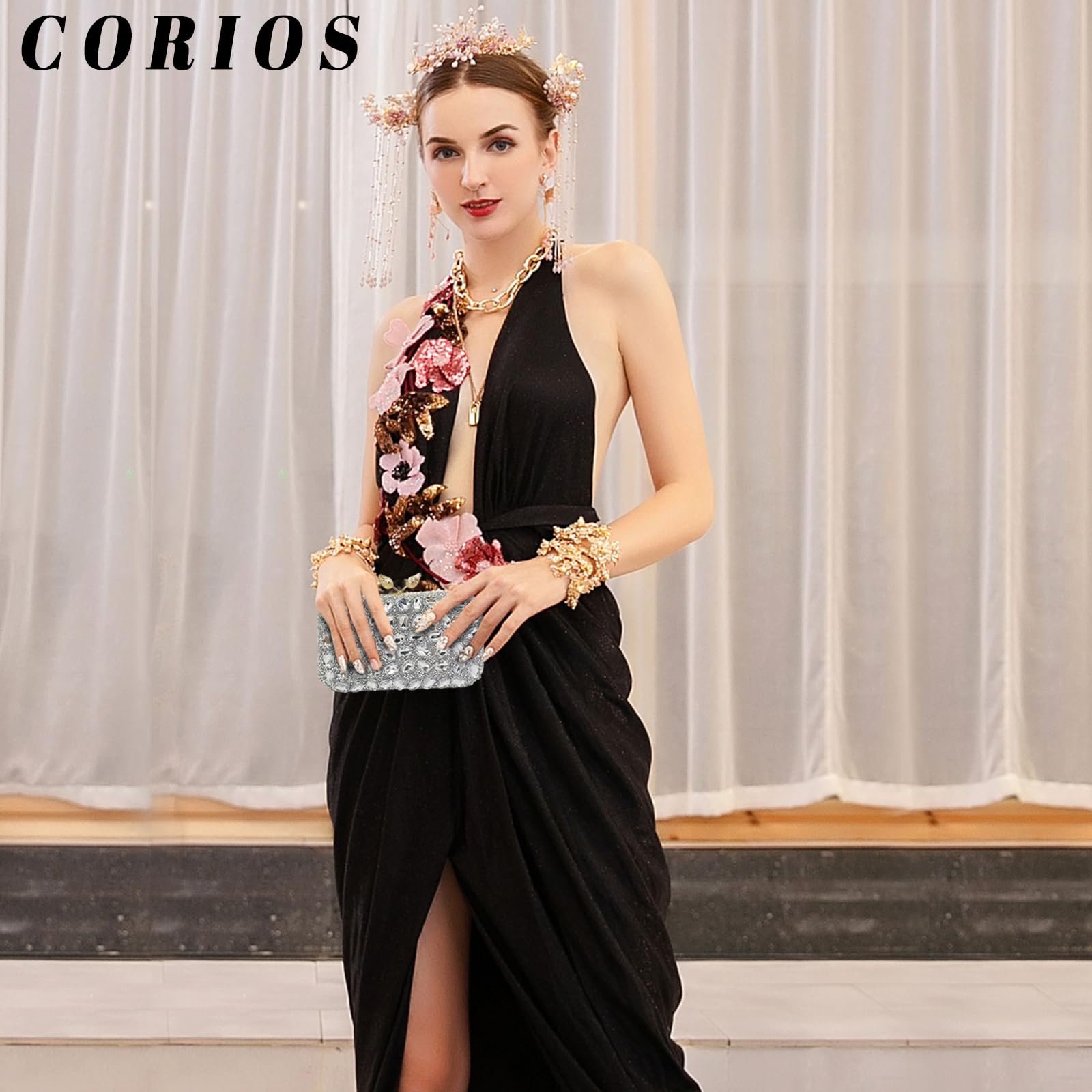 CORIOS Borsetta da Sera con Strass Donna Pochette Piccolo con Catena Elegante Borsa a Tracolla Borsa a Spalla Gorgeous Borse Messenger Ballo Cocktail Cerimonia Festa Clutch Argento