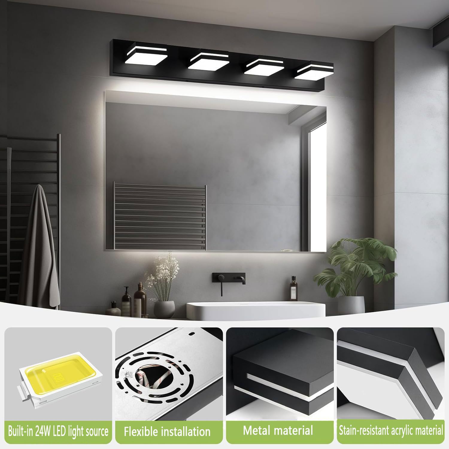 Luci da Specchio Illuminazione Bagno Lampada da Specchio da Bagno Nera da 16 W Bianca Neutra 4000 K IP44 Impermeabile Senza sfarfallio per Lunghezza Applique Bagno Specchio Moderno