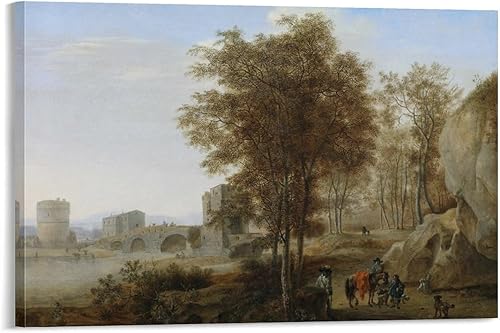 Viajeros en el Ponte Lucano sobre el Anio en Tivoli - Póster para pared, póster impreso en lienzo para decoración de dormitorio, sala de estar, 08 x