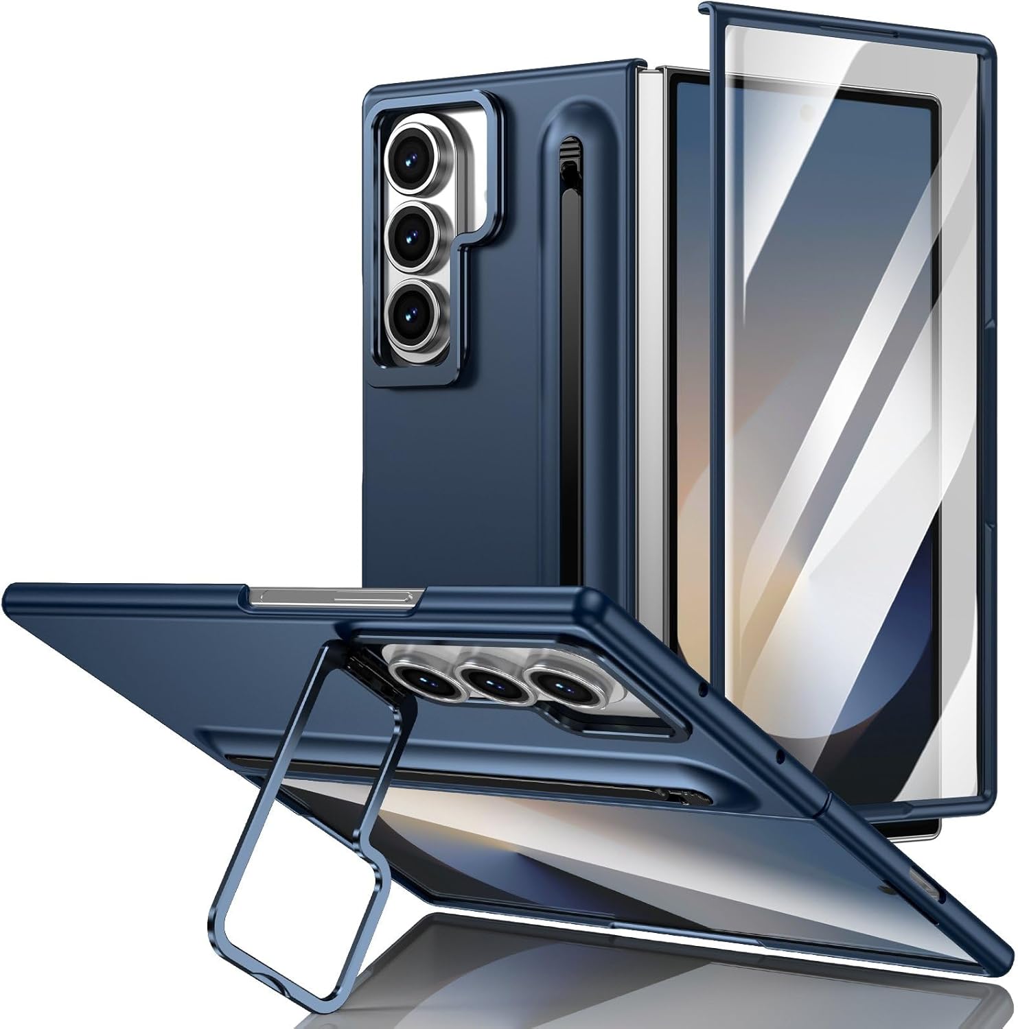 for Samsung Galaxy Z Fold 6 Protect Case with Slim S Pen Slot & Capacitance Pen, Lens Stand and Bulit-in Screen Protection Full Body Drop Fall Protection(DarkBlue)
