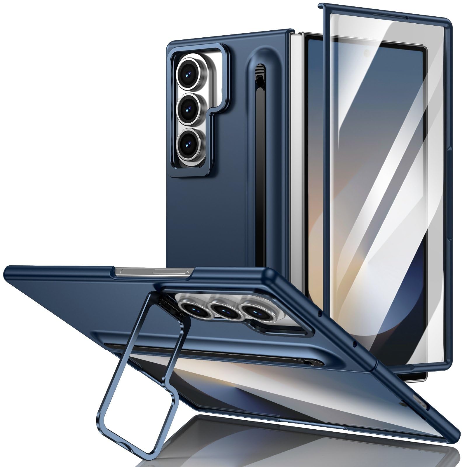 Photo 1 of XIMAND for Samsung Galaxy Z Fold 7 Protect Case with Slim S Pen Slot & Capacitance Pen, Lens Stand and Bulit-in Screen Protection Full Body Drop Fall Protection(DarkBlue)