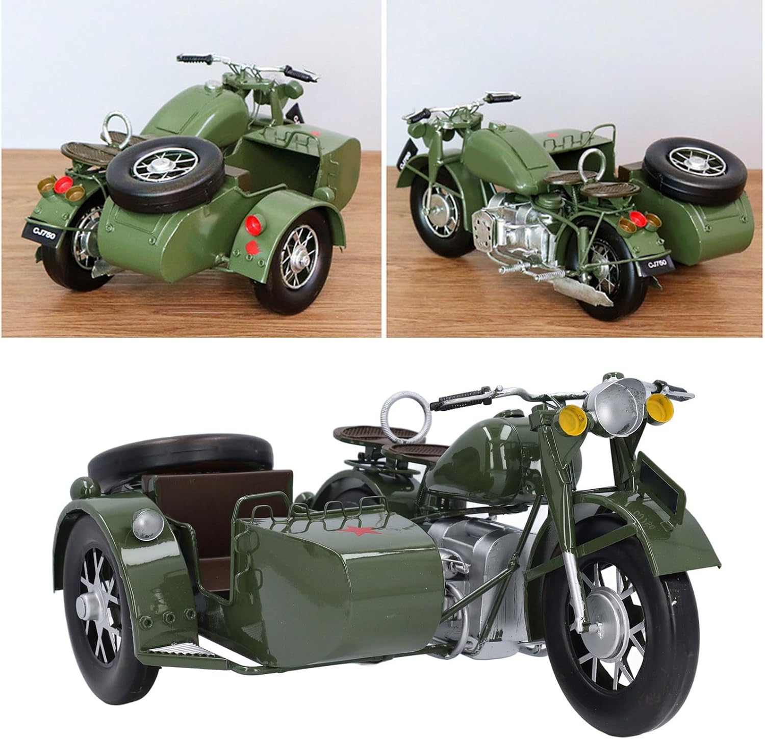 Retro Green Trike Motorcycle Statue – Handcrafted Metal 3-Wheel Sidecar Model with Authentic Vintage Details for Desk, Shelf & Home Decor