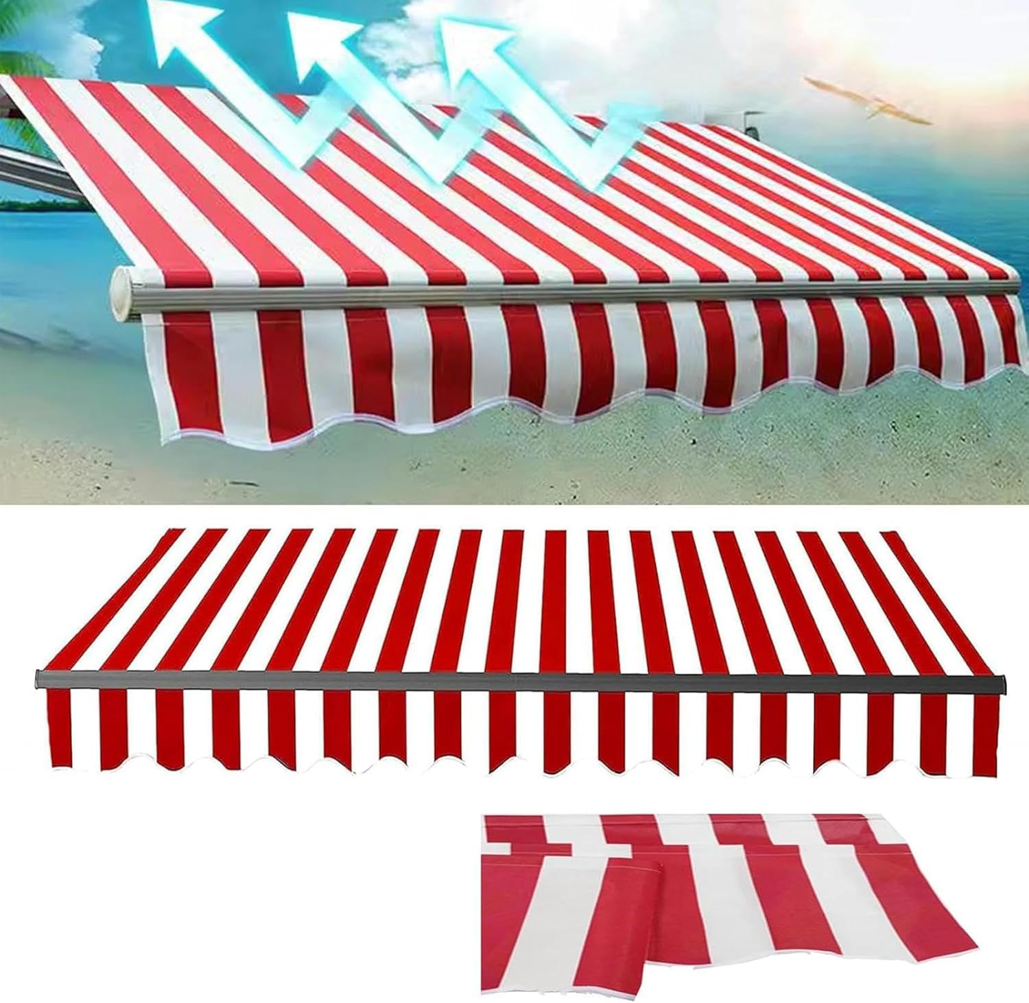 AMNOOL Manual Retractable Patio Awning Fabric Replacement Door Window Awning Cover Sun Shade Canvas Waterproof Sunshade Shelter for Yard Deck Balcony,Frameless(Size:4.5x2.5m,Color:Red White Stripes