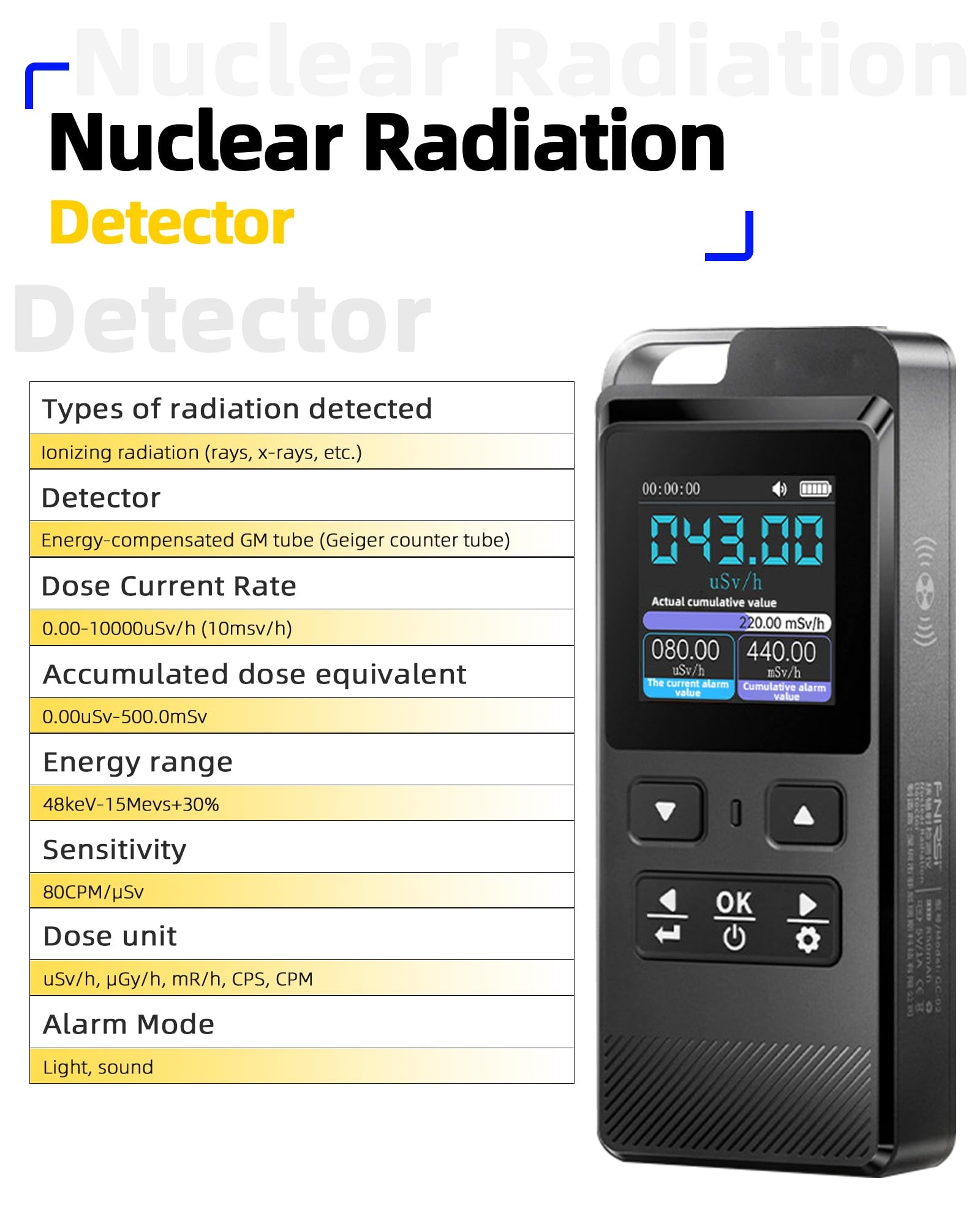 Geigerzähler Radioaktivität Nuklearer Strahlungsmessgerät, Ionisierende Strahlung Gamma/X-Rays, Handheld-Dosimeter für die Erkennung nuklearer Ableitungen, Integrierte wiederaufladbare Batterie