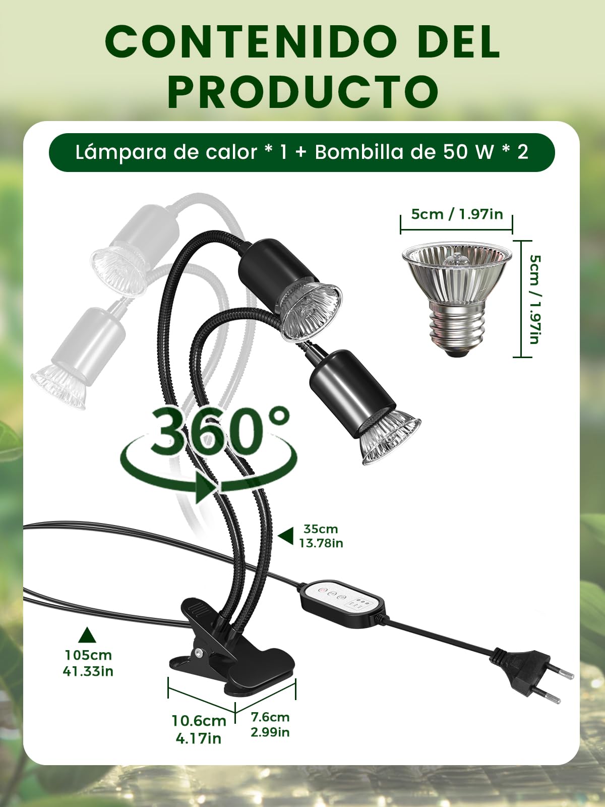 GlowUp Lampara Tortuga de Tierra con Temporizador, Lampara de Calor para Tortugas, control independiente, 360° para tortugas, dragones barbudos y lagartos, Incluye 2 bombillas E27