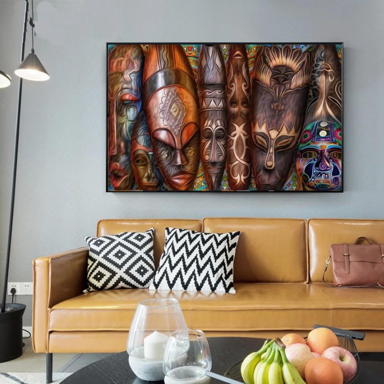 HOLEILUCK Lienzo afroamericano con estampado étnico, lienzo tribal africano, decoración de la cara, obras de arte africanas, carteles e impresiones para habitación con marco negro 60x80cm/24x31in