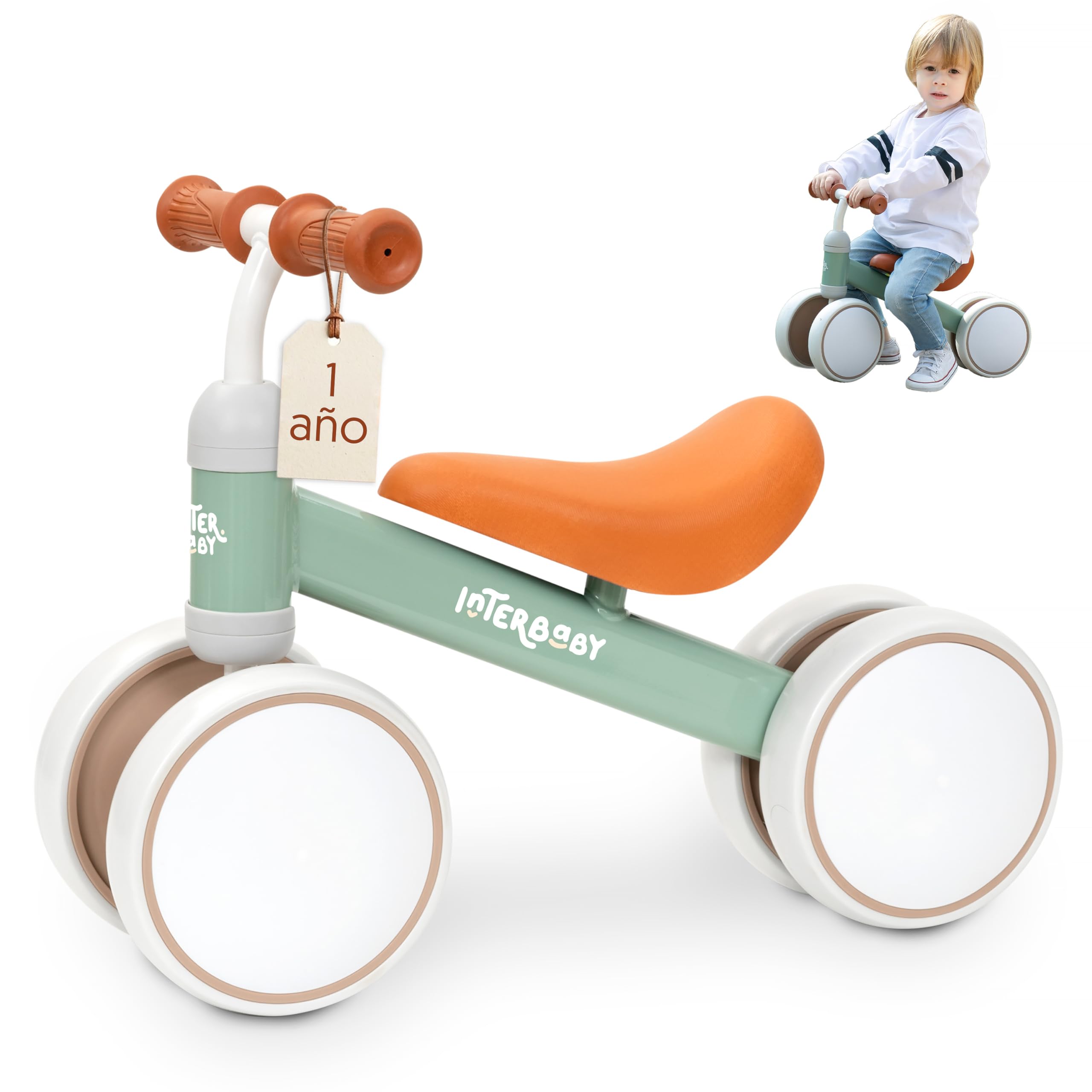 Interbaby Bicicleta sin Pedales Bebé 1 a 3 Años - Bicicleta de Equilibrio para Niños 12-36 Meses, Correpasillos Bebé Seguro 4 Ruedas, Primera Bici Niño 1-2 Años, Regalo Bebé 1 Año (Verde)
