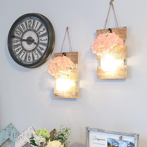 Miniatura 2 de Besuerte Decoración de pared de granja para sala de estar, decoración de pared colgante de tarro con luz de hadas remota y flores de hortensias