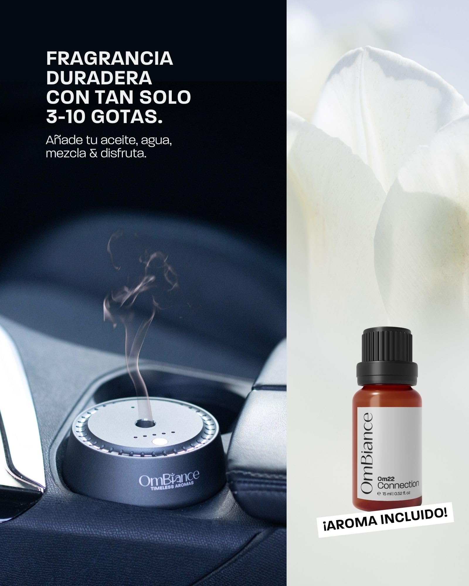 Ambientador Coche | Difusor de Aceites Esenciales, ON/OFF Automático, Accesorios Coche Fragancia Incluida | Eliminador de Olores Coche 6X más Beneficios Aromaterapia (Om22 | Connection)