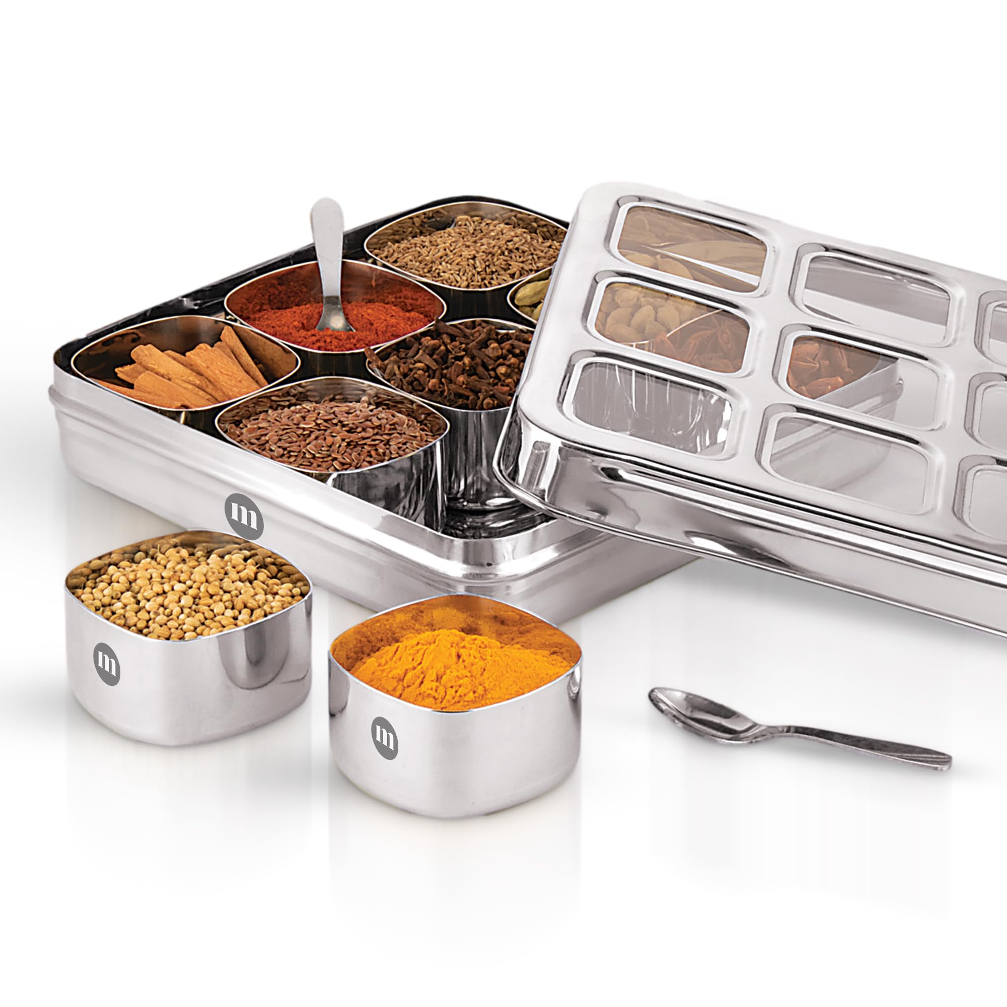 MARU Stainless Steel, Masala Dabba Steel Masala Box For Kitchen Steel | Masala Dani For Kitchen See Through Lid (9 IN 1 Without inside), Silver