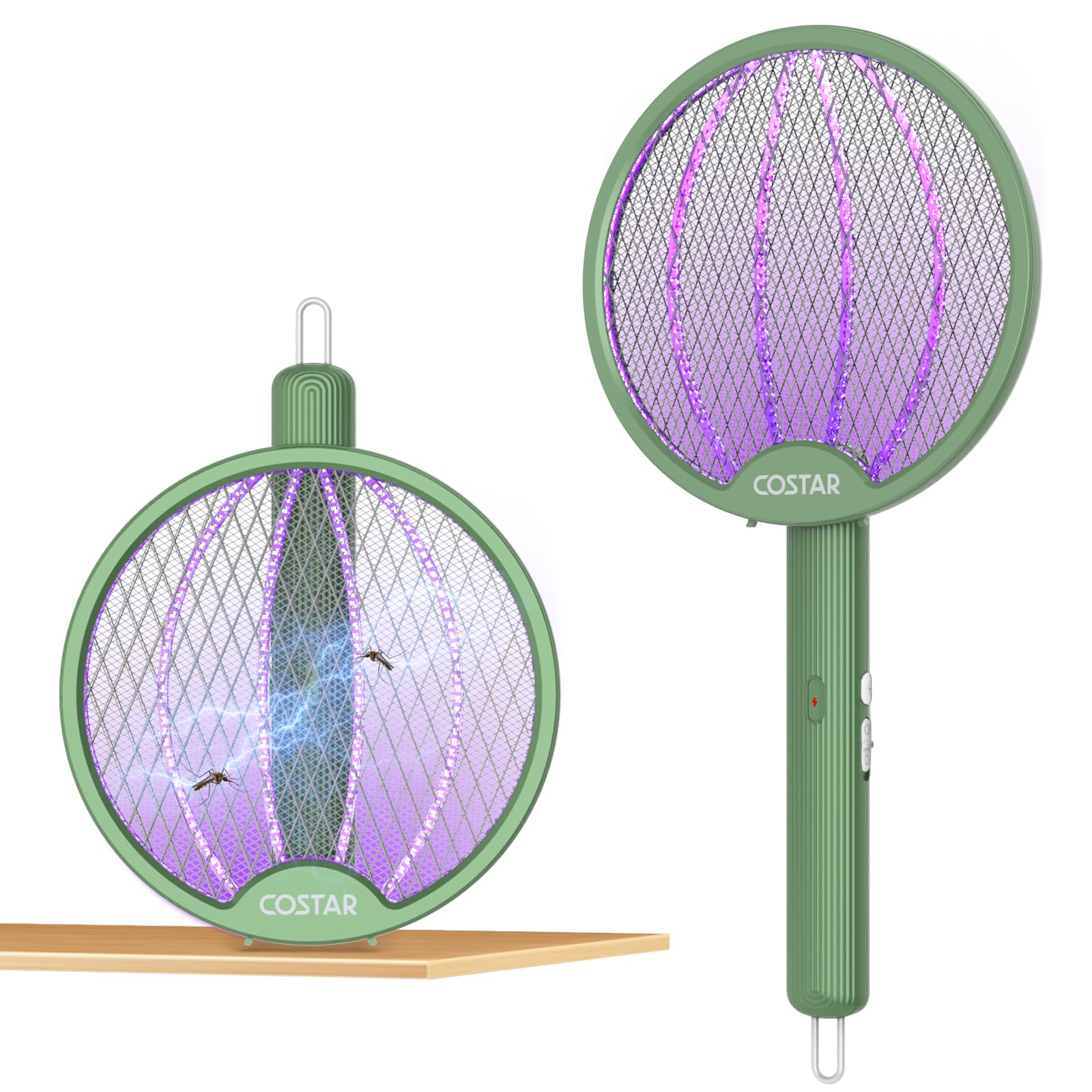 Foldable Swivel Mosquito Racket, UV Light Lamp Electric Fly Swatter Bug Zapper, 2 in 1 Mosquito Bat USB Rechargeable, Hangable Mosquito Swatter w/Long Lasting Lithium-ion Battery