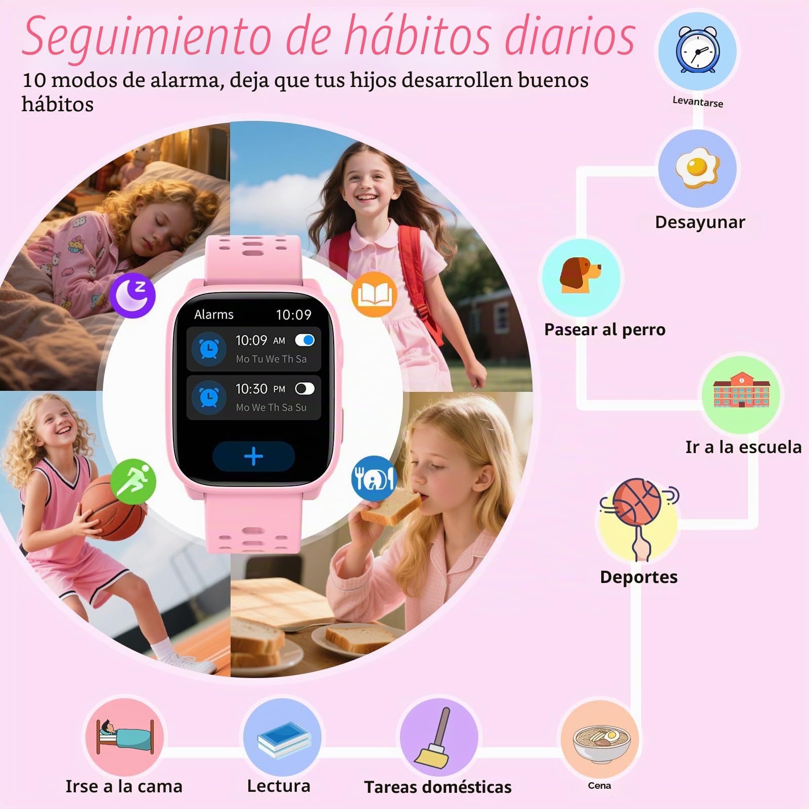 Reloj Inteligente Niños Niñas Sin App Necesaria, 1,83" Smartwatch Niños con Podómetro, Resistente al Agua IP68, Reloj Monitor Cardiaco y Sueño, Despertador, Juegos de Rompecabezas (Rosa)