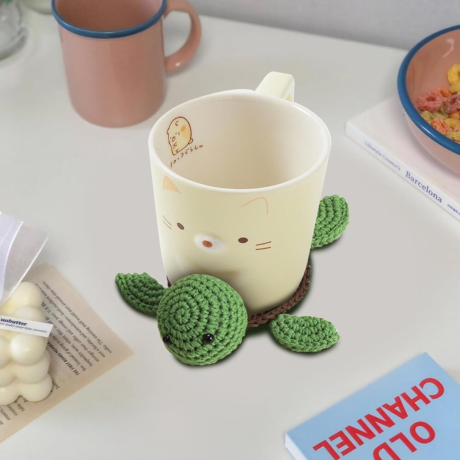 Atreefyse かぎ針編み べっ甲コースター ドリンク用 面白い ハンドメイド 織物 コースターセット かわいい亀の形をしたマグ