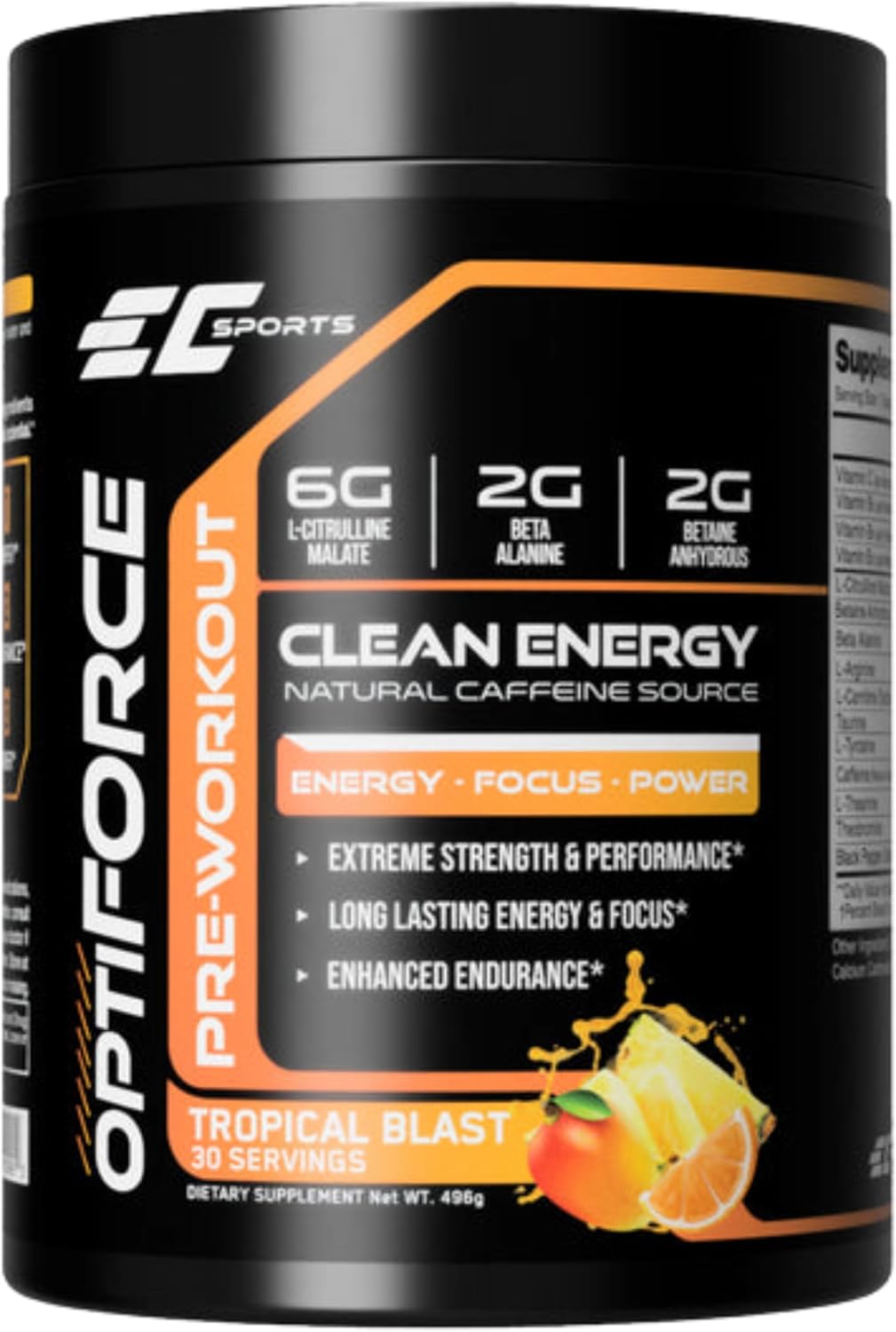 EC Sports OptiForce Pre-Workout ICY Blue Raspberry Supplement Powder - Clean Energy & Natural Caffeine w/Long-Lasting Endurance, Focus - 30 Servings