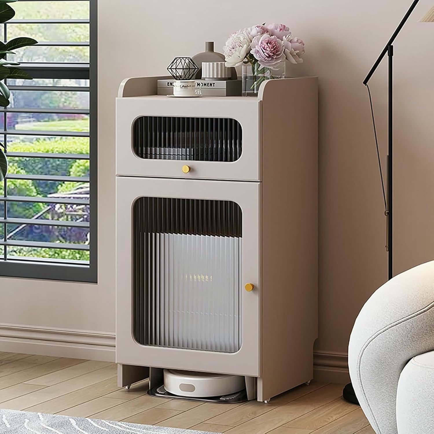 Mobile Robot Vacuum Storage Side Table with Tempered Glass Door, Smart Floor Sweeper Hidden Storage Rack, Accent Side Tables for Living Room Bedroom