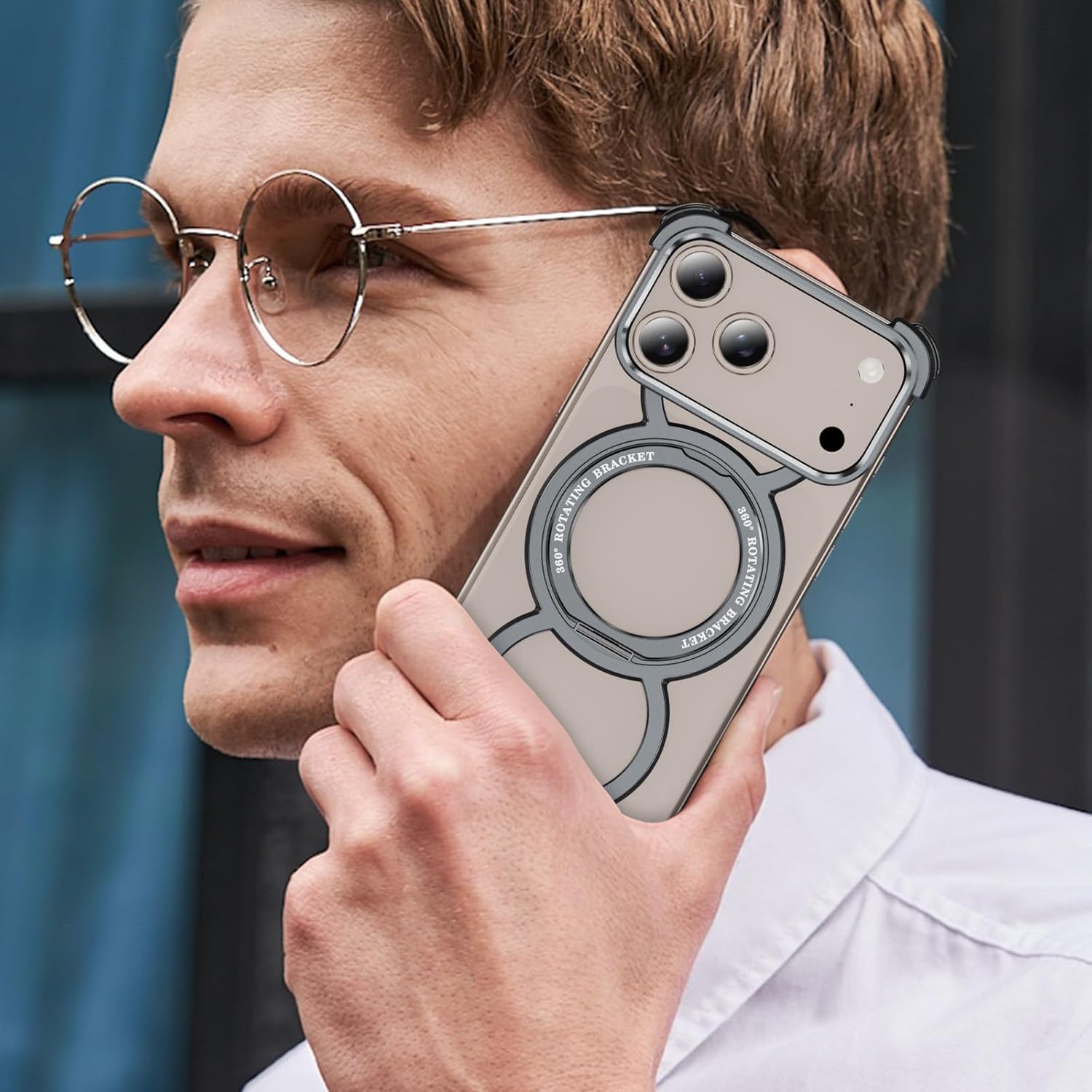 Skeleton Case for iPhone 17 Pro Max, Titanium Metal Frame with 360° Magnetic Ring Stand, Military-Grade Drop Protection, Shockproof Bumper, Compatible with MagSafe(Gray)