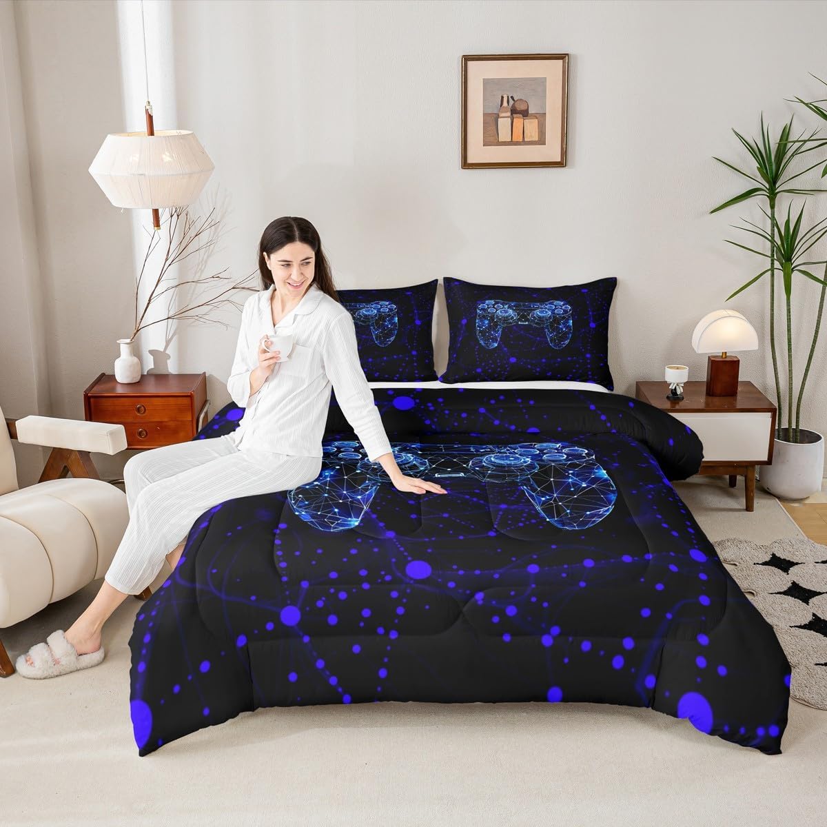 Feelyou Kids Modern Honeycomb Gamer Comforter Set Twin Size, Geometric Gaming Bedding Set Hexagon Duvet Insert Boys Girls Bedroom Decor with 1 Pillow Case