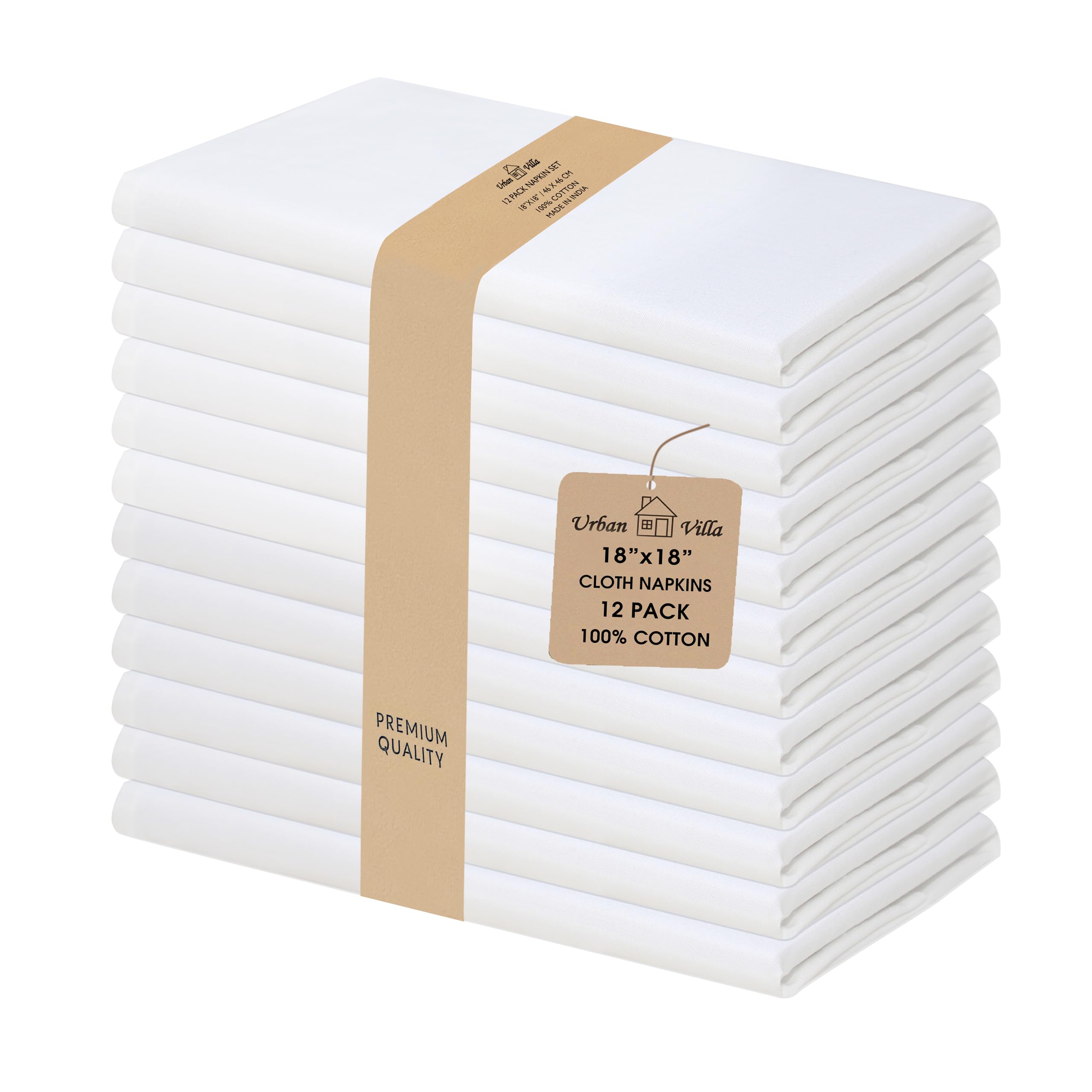 Urban Villa Dinner Cloth Napkins Set of 12 White Solid 46x46 cm, Ultra Soft Premium Hotel Quality 100% Cotton Cloth Napkins with Mitered Corners Reusable & Washable Dinner Cloth Napkins -White