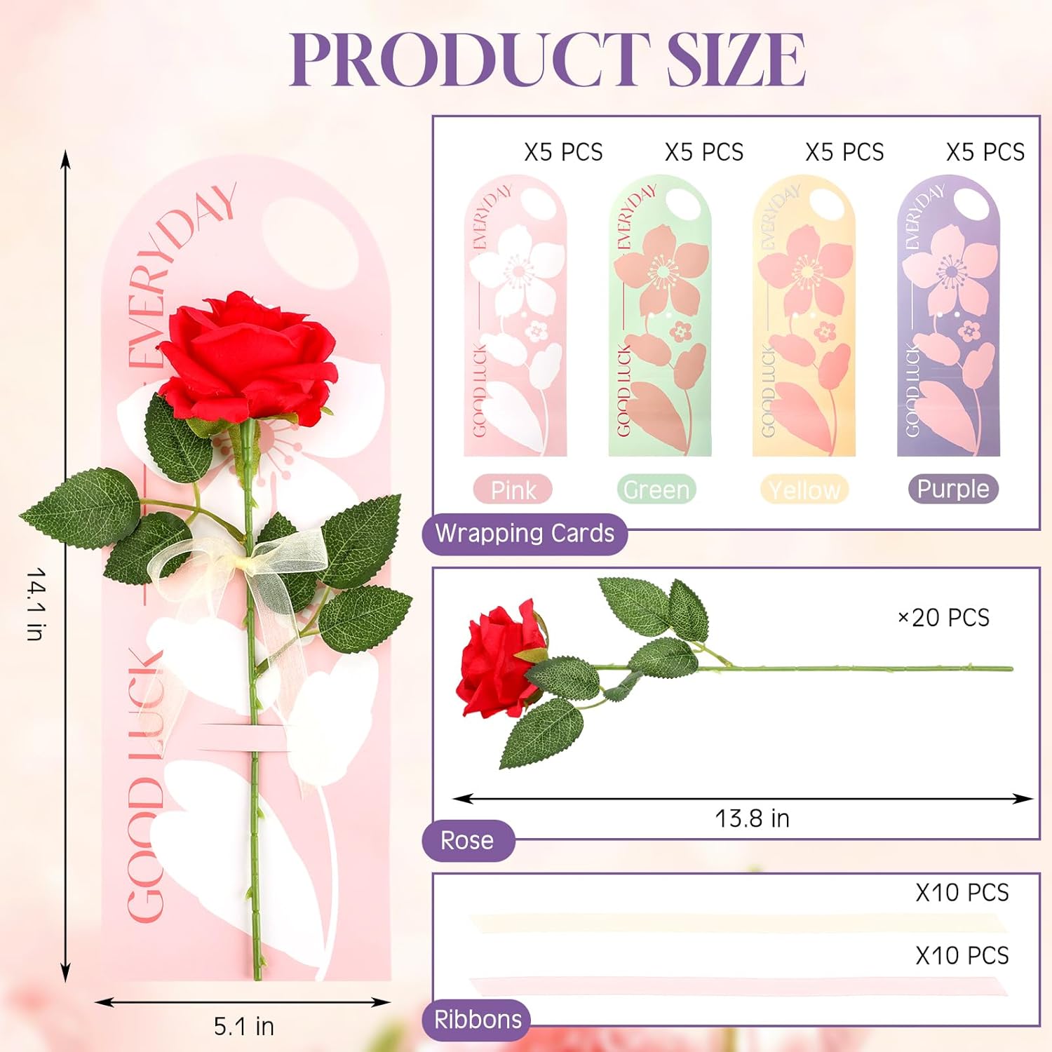 Giegxin 20 Sets Mother Day Single Rose with Flower Cards, Handheld Artificial Flower Fake Rose Wrapping Floral Bouquet Teacher Gift for Employee Women Girlfriend DIY Supplies