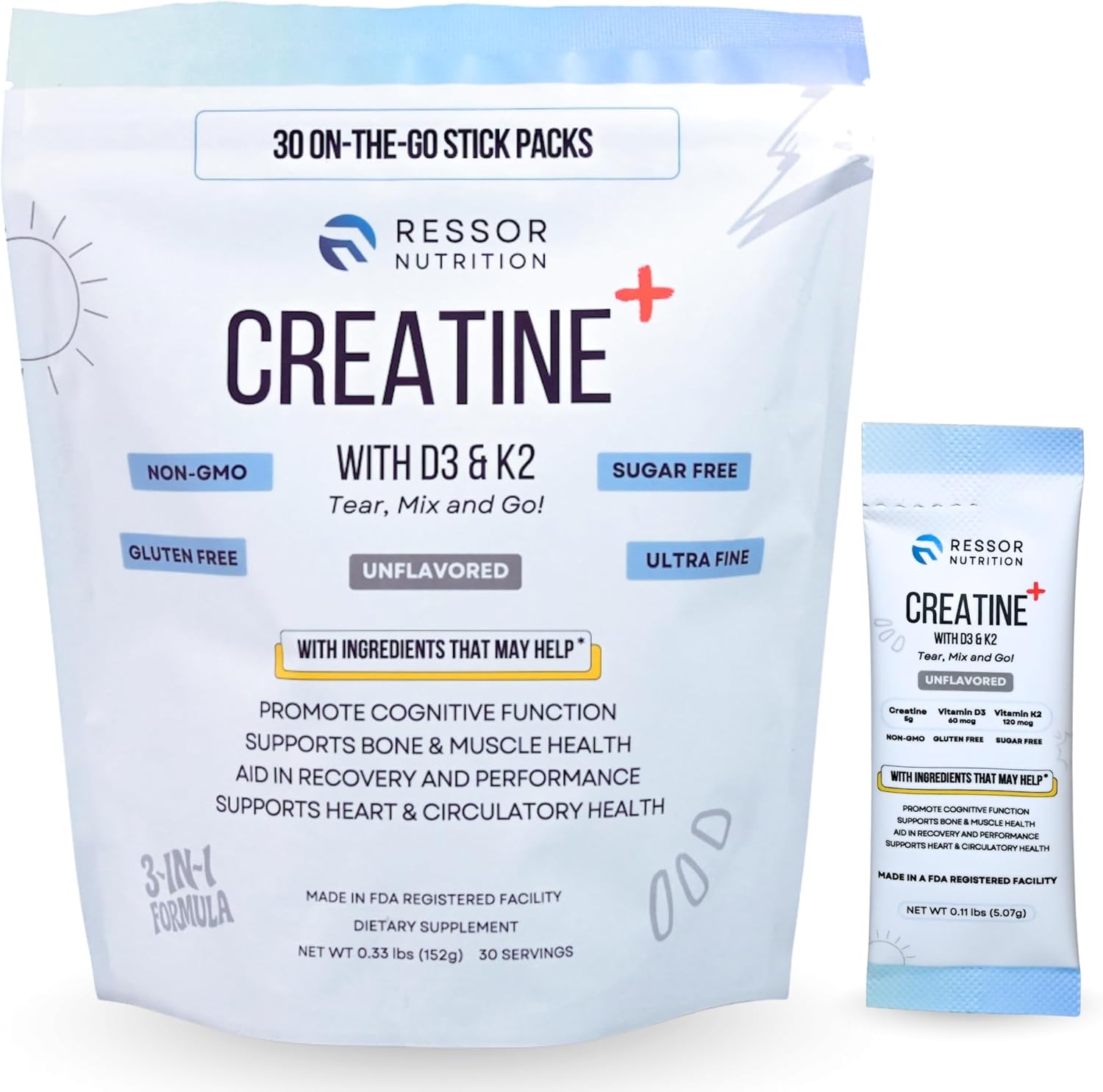 Ressor Creatine Monohydrate Powder for Men and Women, 5g Micronized Creatine Travel Packs with Vitamin D3 2400 IU and Vitamin K2 120mcg