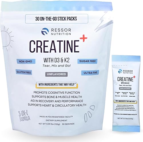 Ressor - Monohidrato de creatina en polvo para hombres y mujeres, paquetes de viaje de creatina micronizada de 0.18 oz con vitamina D3 2400 UI y