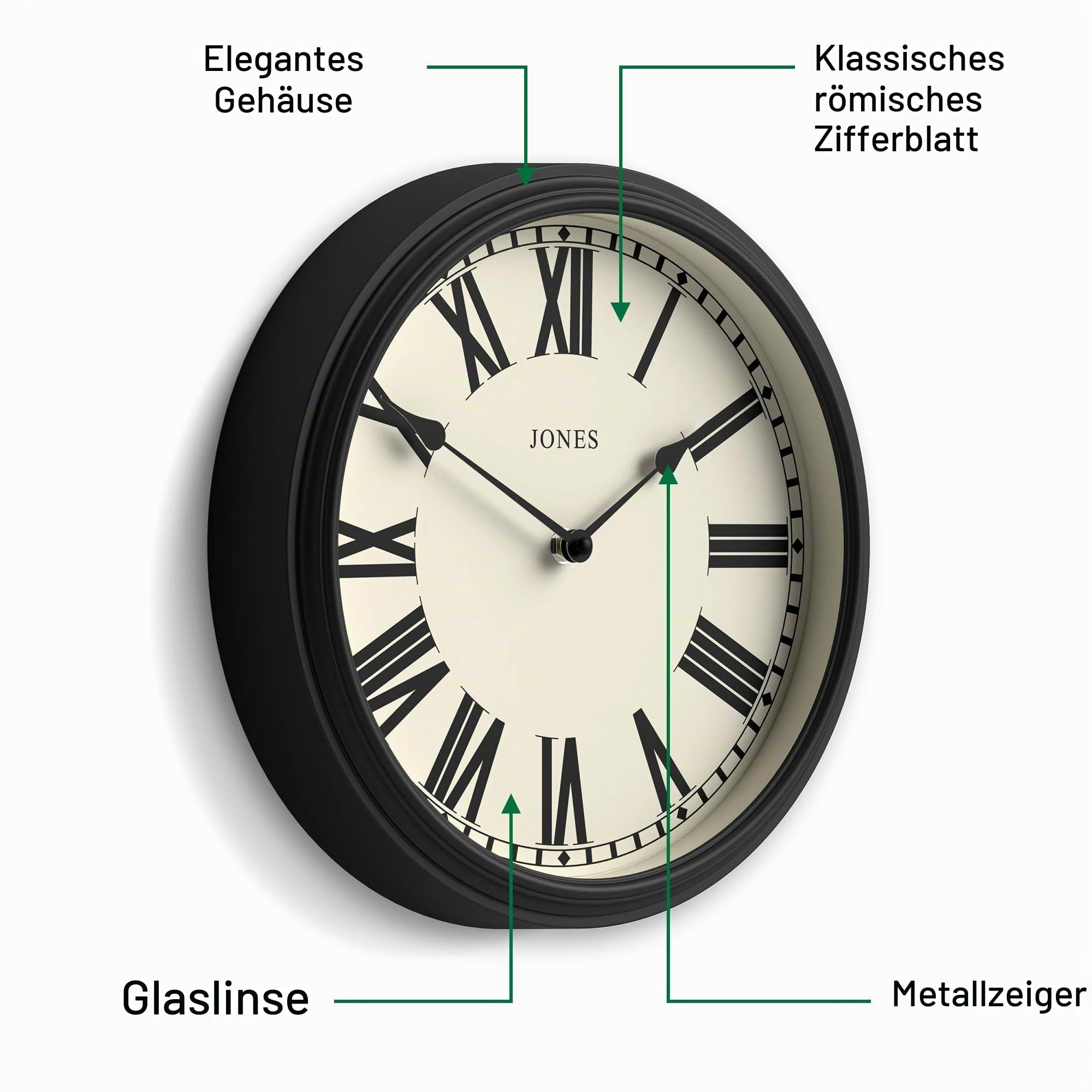 JONES CLOCKS® Hackney Wanduhr | Klassische römische Uhr | 30cm | Schwarz | Traditionelle runduhr, perfekt geeignet für küchen, flure oder wohnräume mit Charakter.