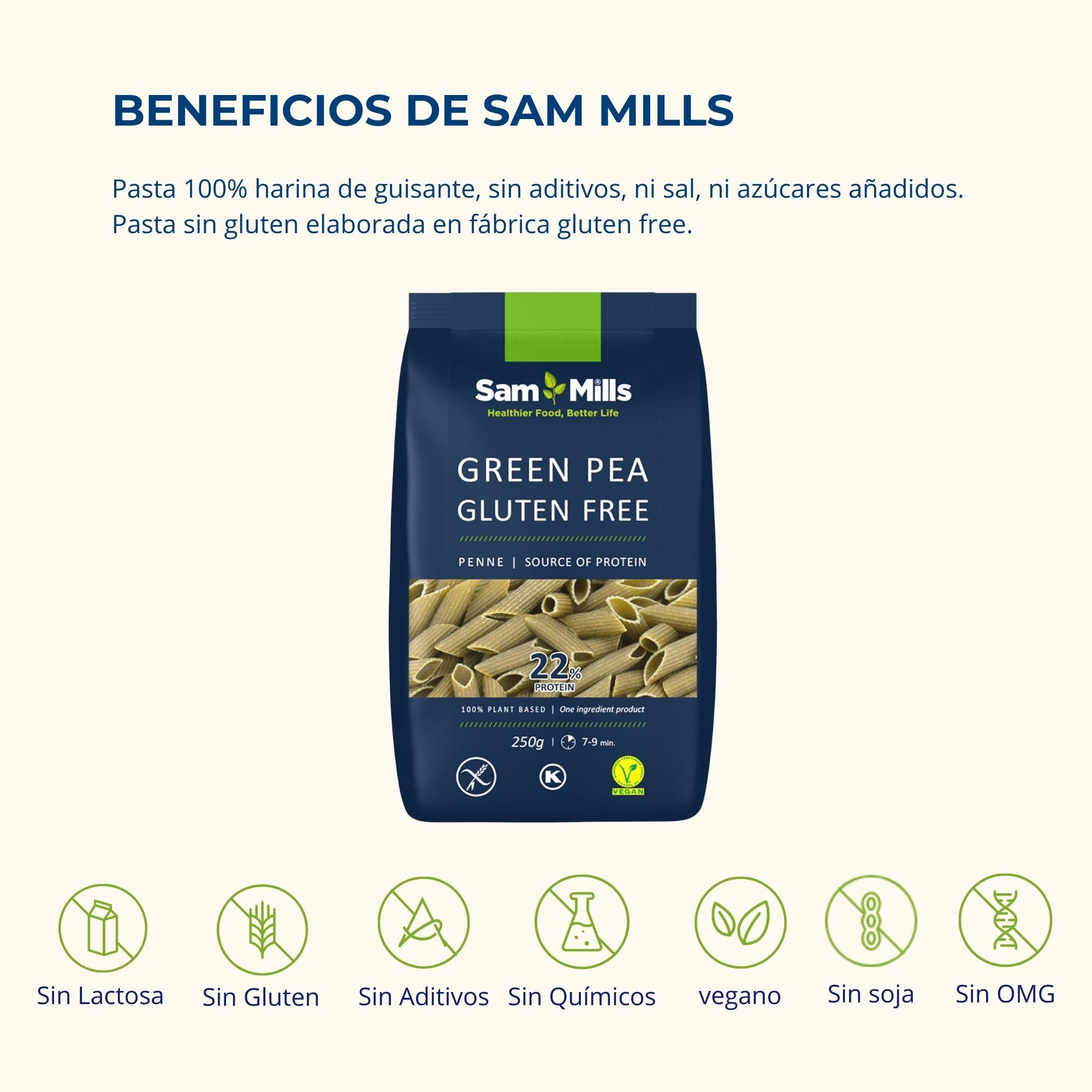 Sam Mills Plumas de Guisante Pasta Sin Gluten 250 g Elaborada con Legumbres Pasta Proteica Alto Contenido en Fibra