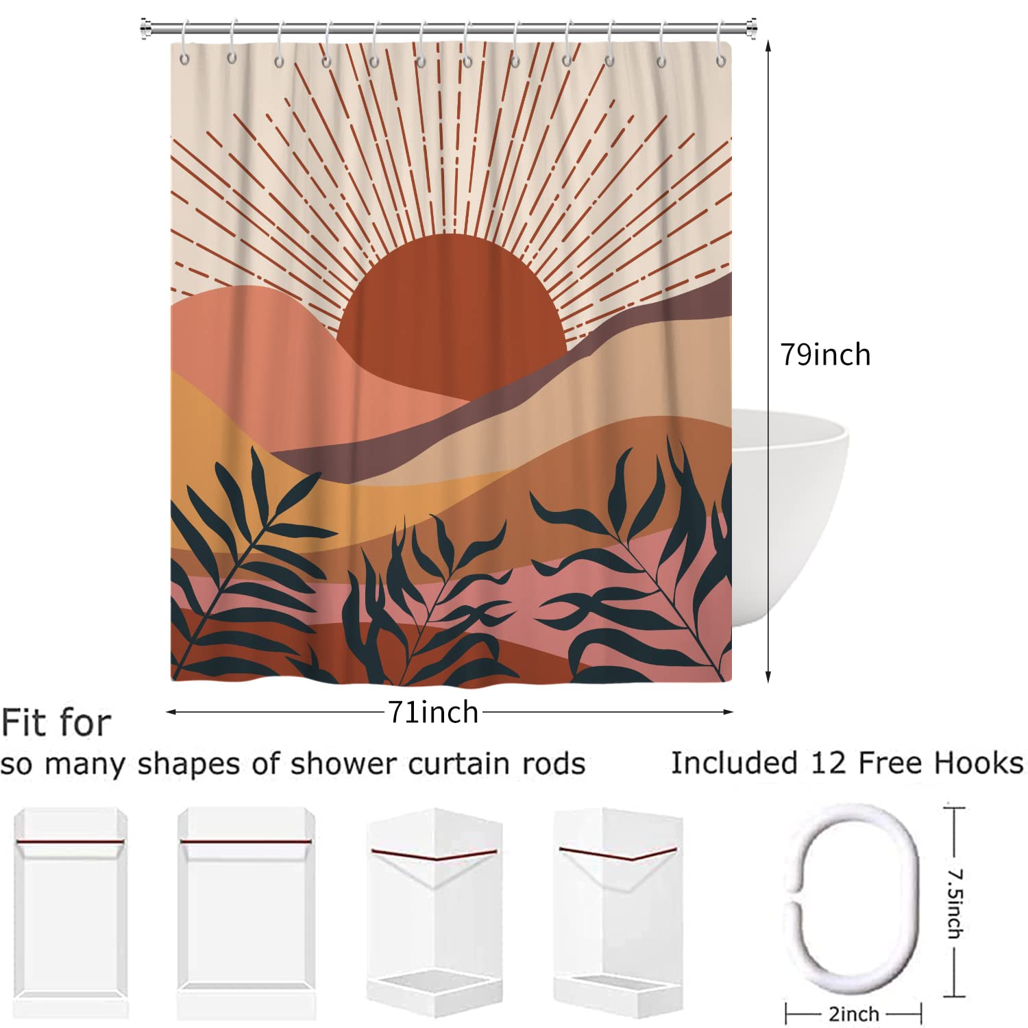 Duschvorhang Boho Blätter - 180x200 Cm, Wasserdicht, Polyester, Abstraktes Blattdesign, Braun