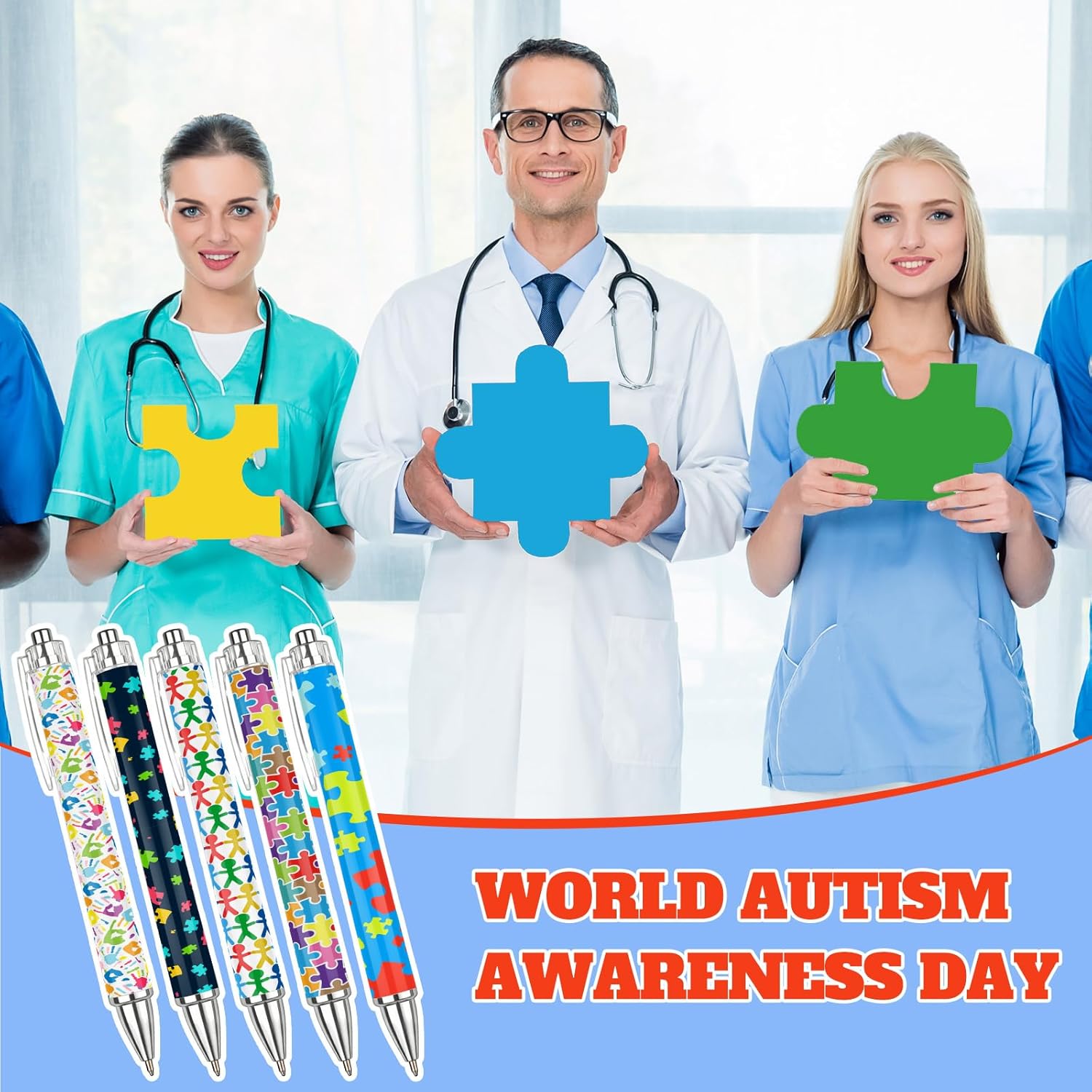 Jetec 50 Sets Autism Awareness Ballpoint Pens Click Retractable Gift Prizes with Bookmark Cards Bags Ties for Party Favors Office Teacher Exchange (Autism Awareness) - Image 5