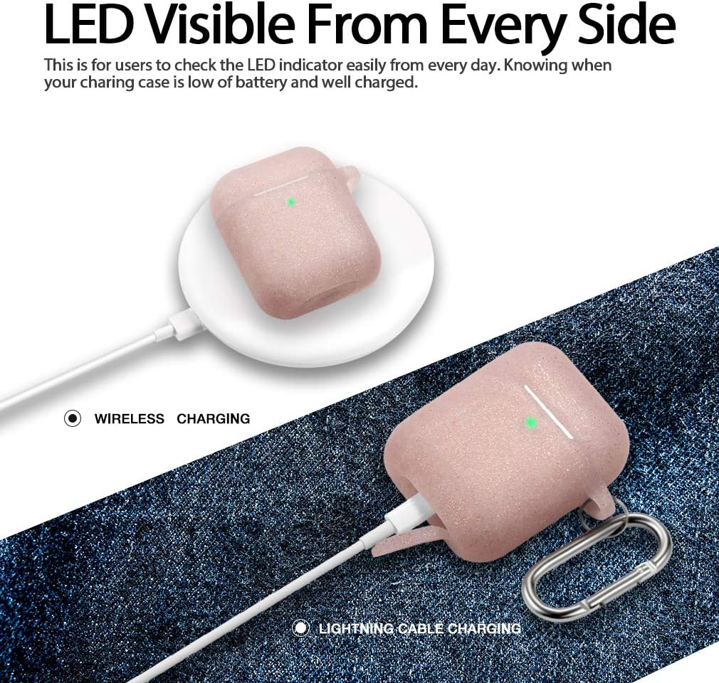 Hamile Compatible with AirPods Case [Front LED Visible] Soft Silicone Protective Cases Cover Skin Designed for Apple AirPod 2 & 1, Women Men, with Keychain - Glitter Rose Pink