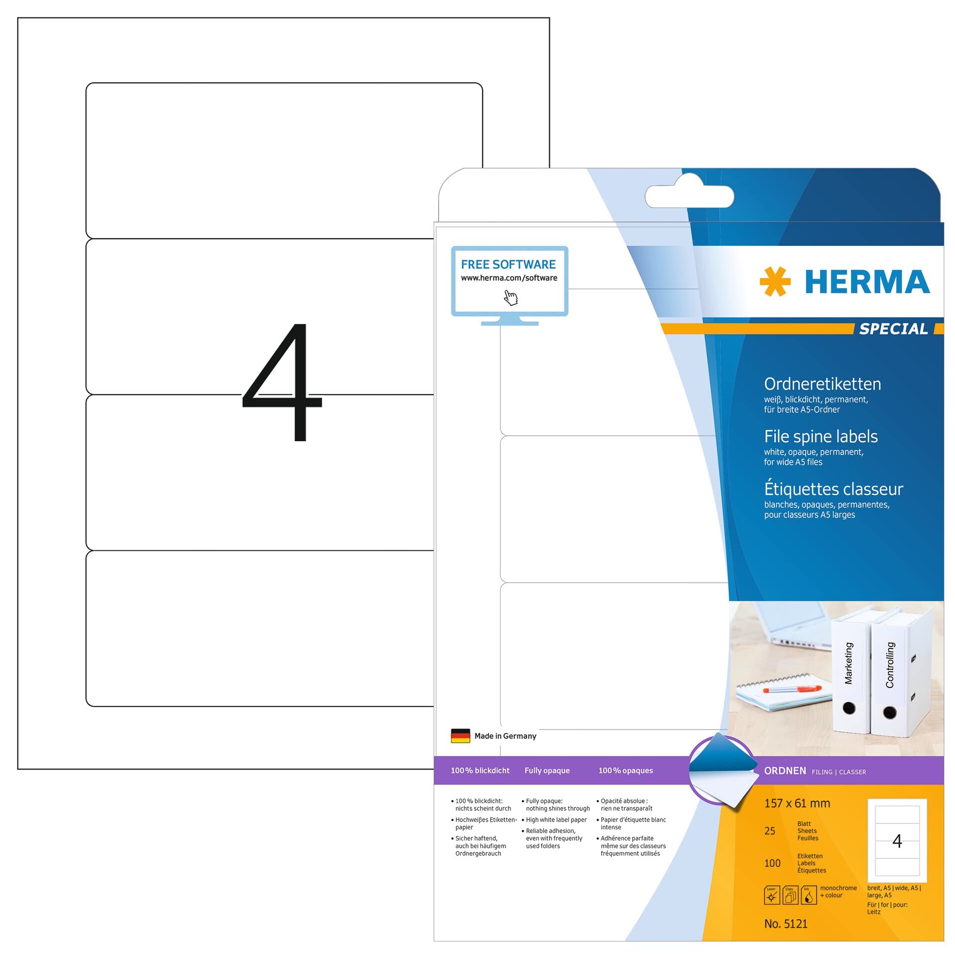 HERMA Self Adhesive Lever Arch File Labels, 4 Labels Per A4 Sheet, 100 Labels For Printers, White Opaque, 157 x 61 mm (5121)