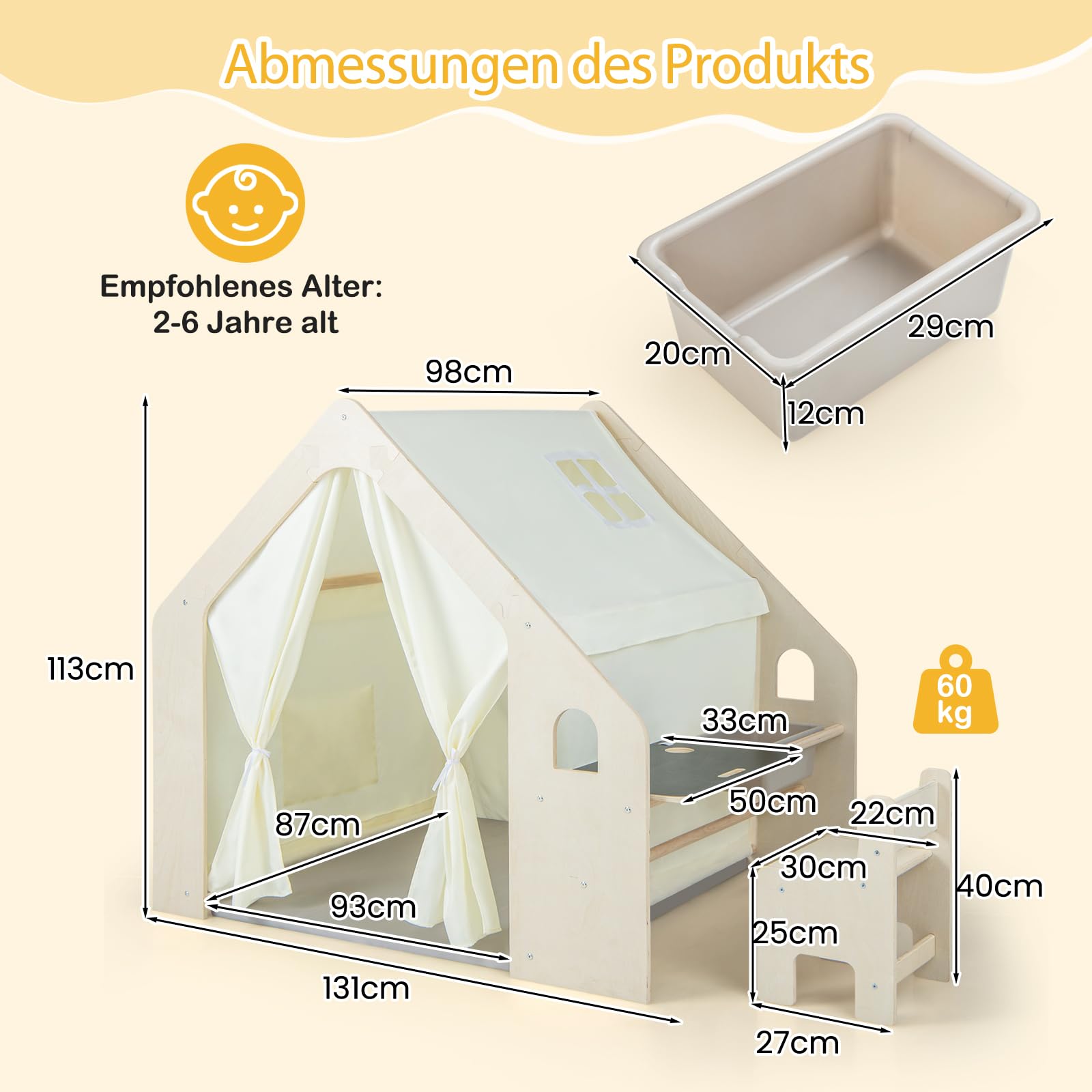 GOPLUS 6 in 1 Kinderzelt, Spielzelt Holz mit Schreibtisch, Stuhl & doppelseitige Tafel, Spielhaus Montessori mit Stauraum, Matte & Vorhänge, Holzspielzelt Indoor für Kinder von 2-6 Jahren (Klein)