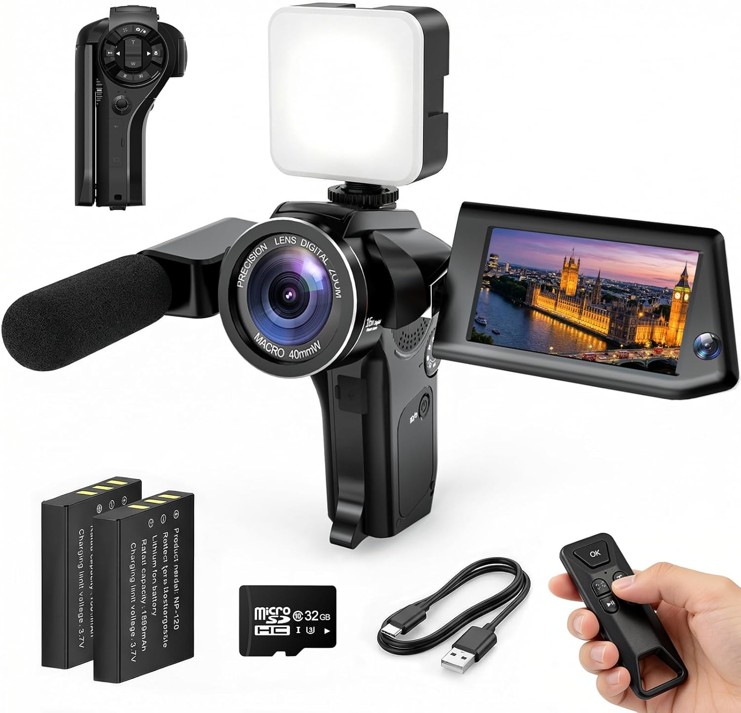 Camcorder with Picture in Picture, 8K&75MP Video Camera, WiFi Vlogging Camera for YouTube Beginners, Handheld Design, 16X Digital Zoom, 32GB Card, Mic, Fill Light, Remote, 2 Batteries, Black
