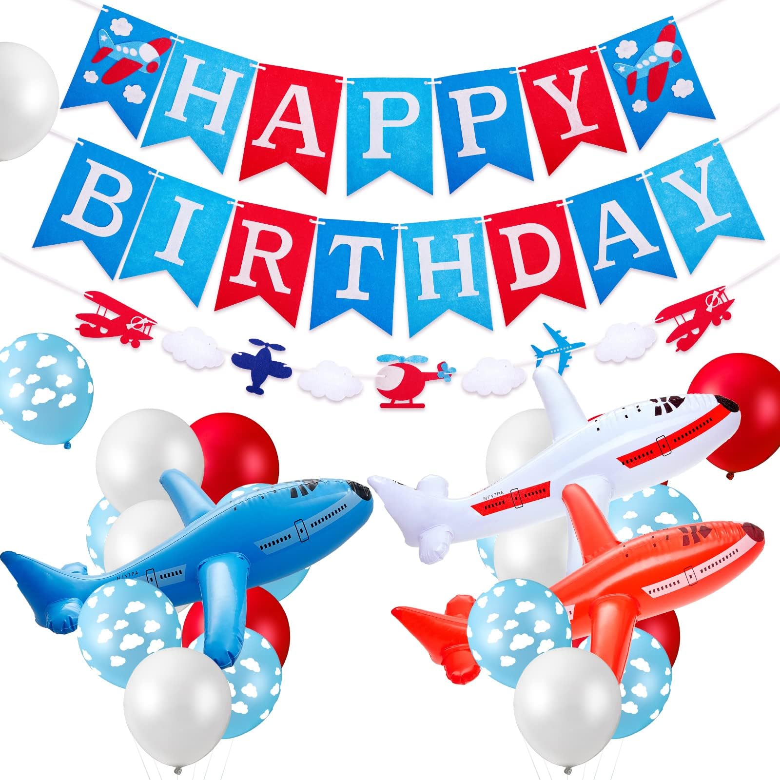 Gejoy Airplane Birthday Party Supplies 56 Pieces - Themed Decoration With Inflatable Balloons, Thick Latex Balloon, Happy Birthday Banners, Cloud Balloon Decor