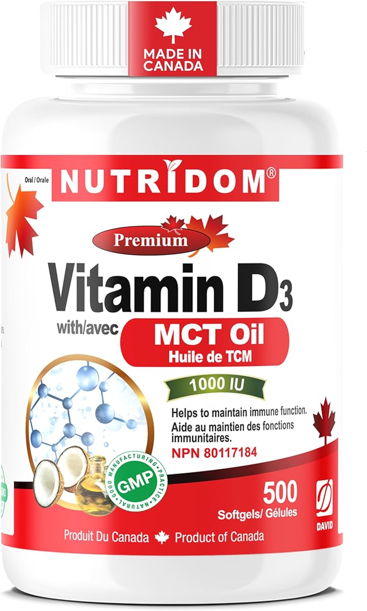 Nutridom Nutridom Vitamin D3 1000IU with MCT Oil | 500 Count | Supports Immune Fuction, Muscle & Bone Health, Non-GMO, Gluten Free, Made in Canada
