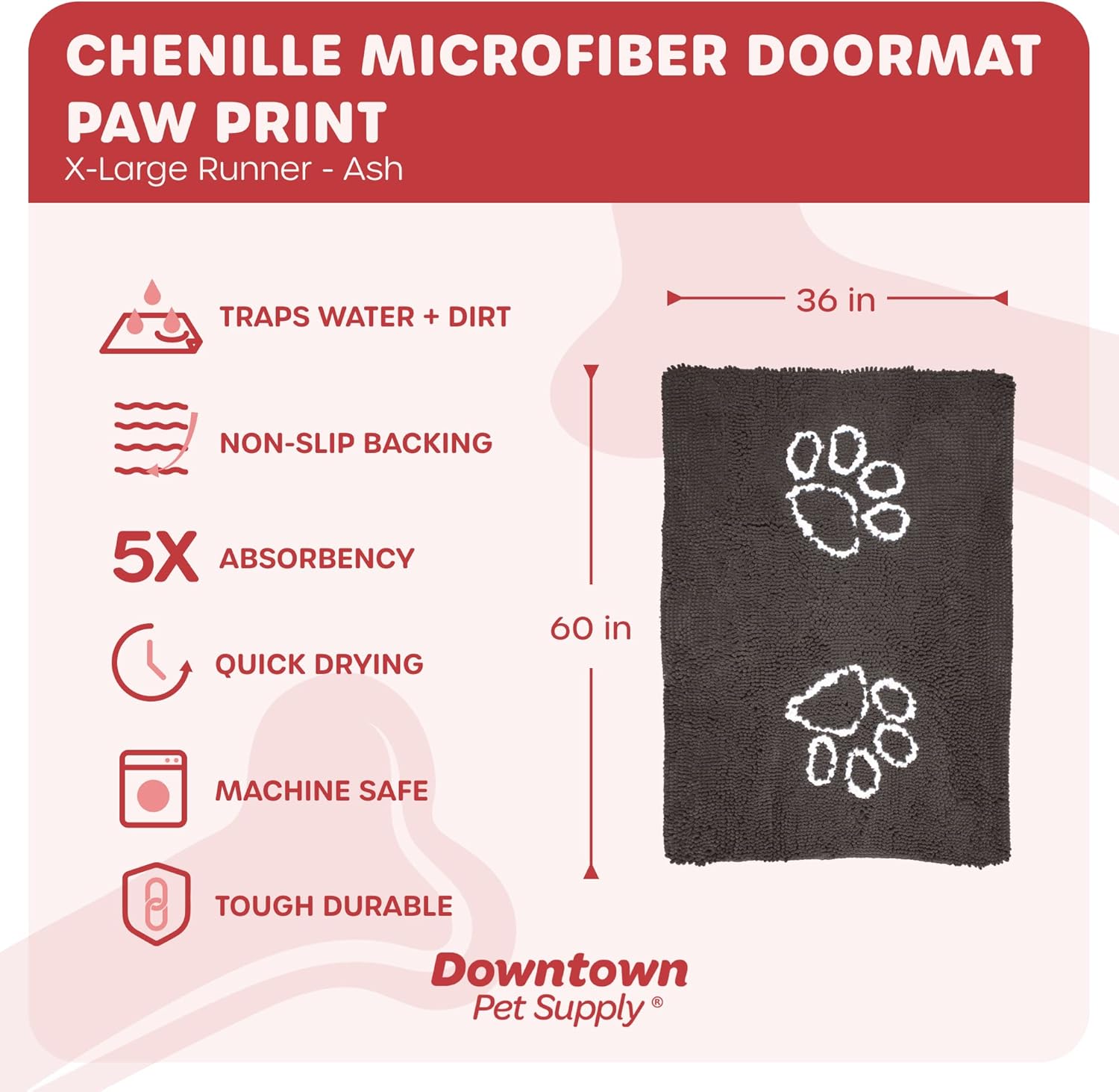 My Doggy Place Microfiber Dog Mat for Muddy Paws, 60" x 36" Ash with Paw Print - Non-Slip, Absorbent and Quick-Drying Dog Paw Cleaning Mat, Washer and Dryer Safe - X-Large/Runner