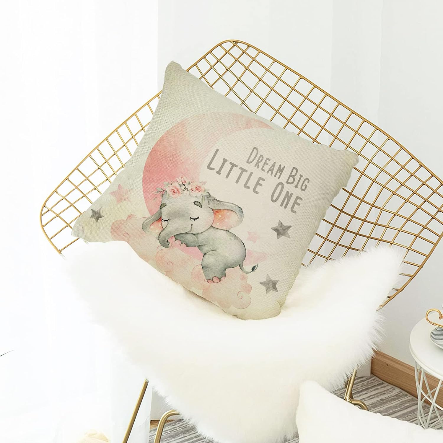 Elephant Dream Big Little One Home Decorative Throw Pillow Cover, Pink Moon Cloud Cushion Case 18x18 for Girl Kid Bedroom Nursery Sofa Couch Decor Inspirational Quote Baby Shower Decoration Gift