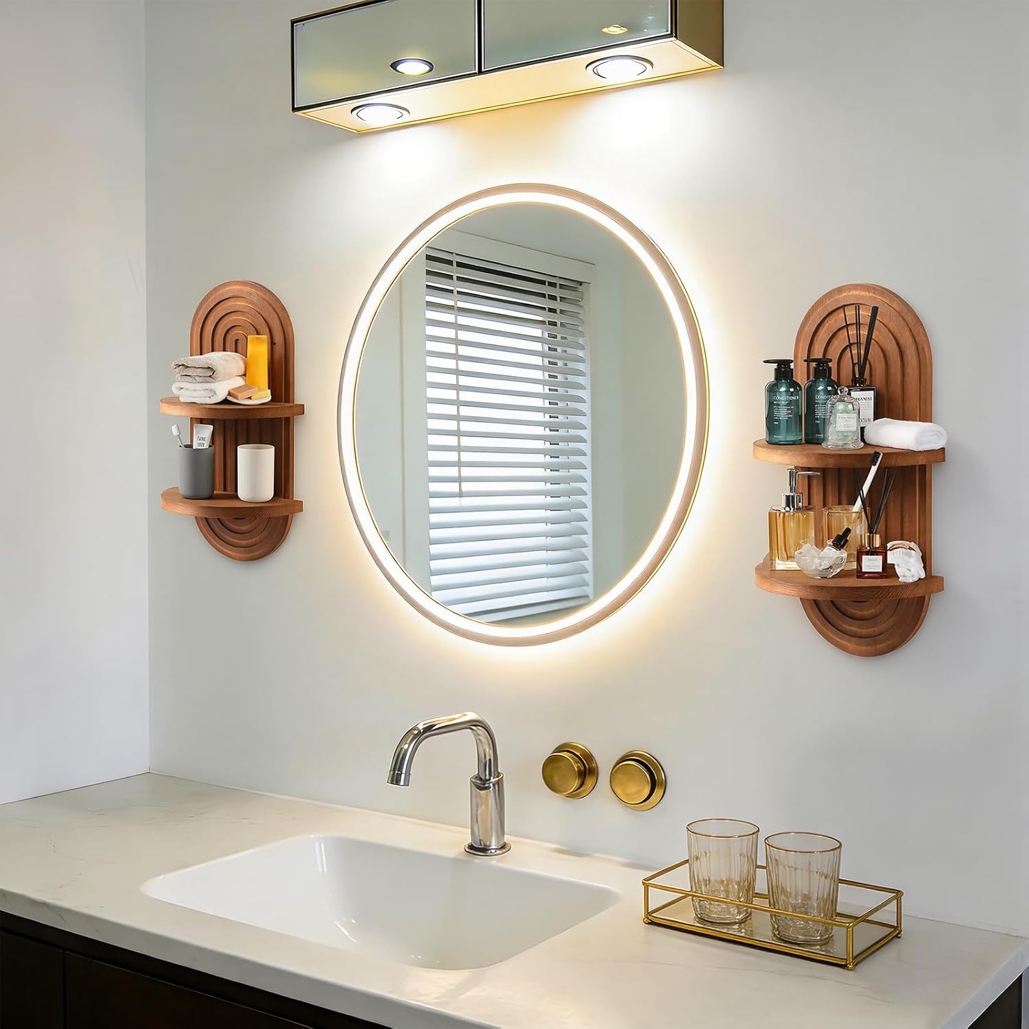 4 Pack Boho Wall Decorative Wall Shelf - Solid Wood Water Ripple Floating Shelves for Bedroom Indoor Decoration Holding Planter Ornaments, 15.6 x 8.66 Inch (Walnut)