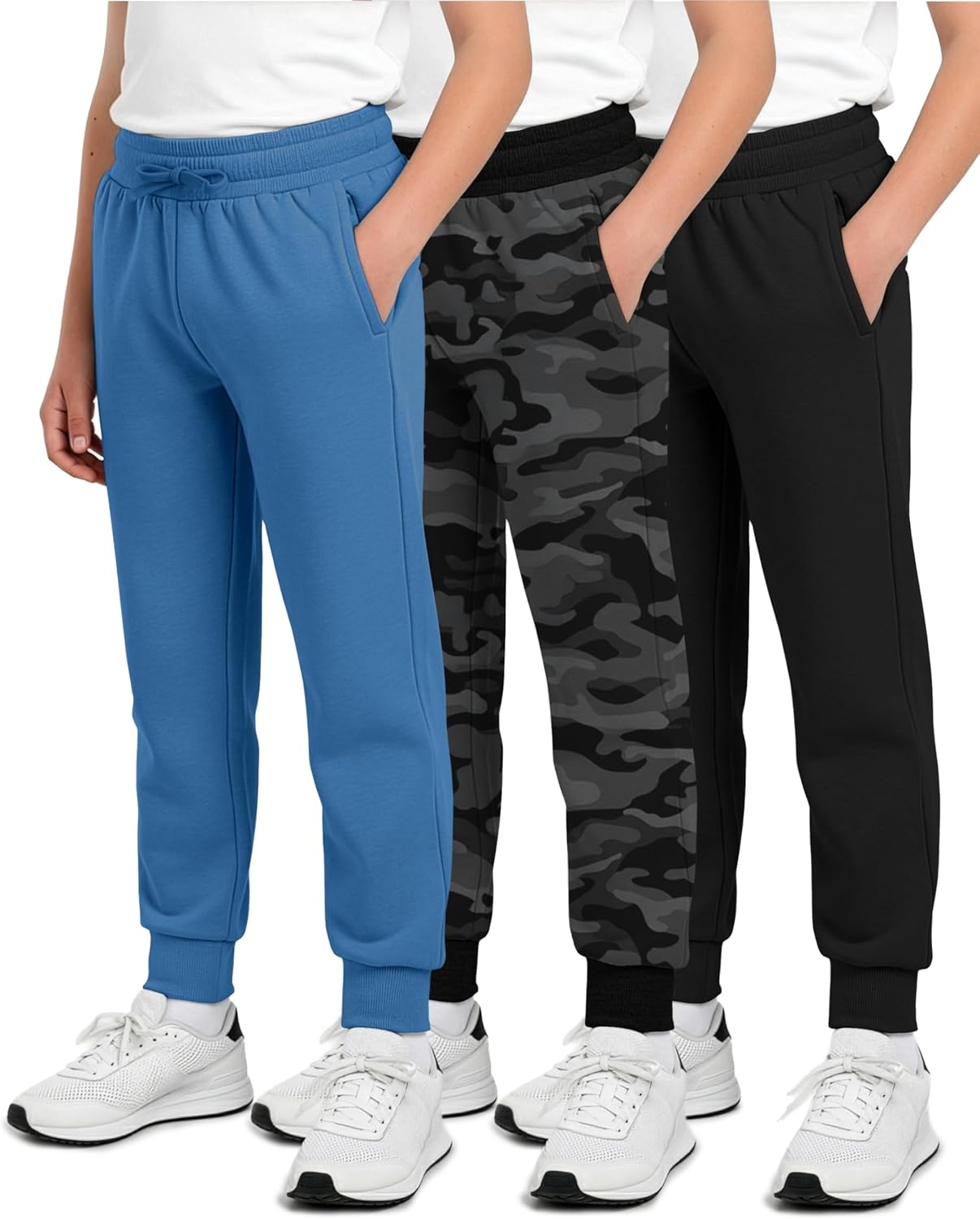 Real Essentials 3 Pack: Boys' Cotton Fleece Jogger Sweatpants - Active Athletic Youth Pants for Teens with Pockets