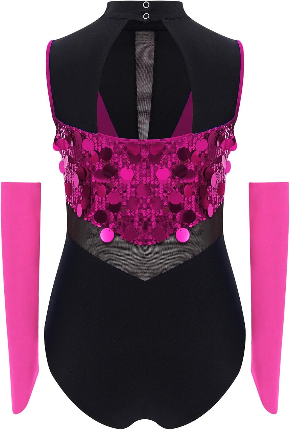 FEESHOW Big Girls Sequins Ballet Leotard Cutout Back Latin Jazz Modern Dance Bodysuit with Gloves Ballroom Dancewear