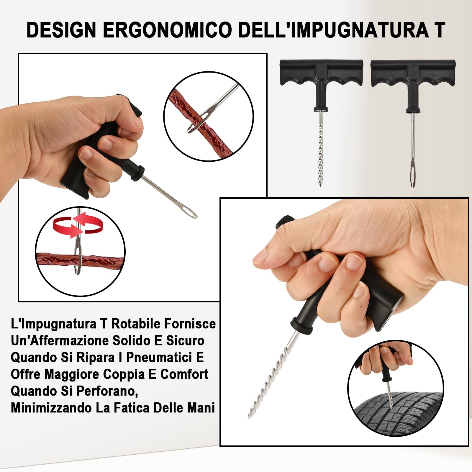 Faburo Kit Riparazione Pneumatici Auto, Moto, Professionali Kit Ripara Gomme Auto, 2 Strumento a T e Cutter, Strisce Riparazione Pneumatici, Per Moto, Camion, Jeep, ATV, Auto, ecc.