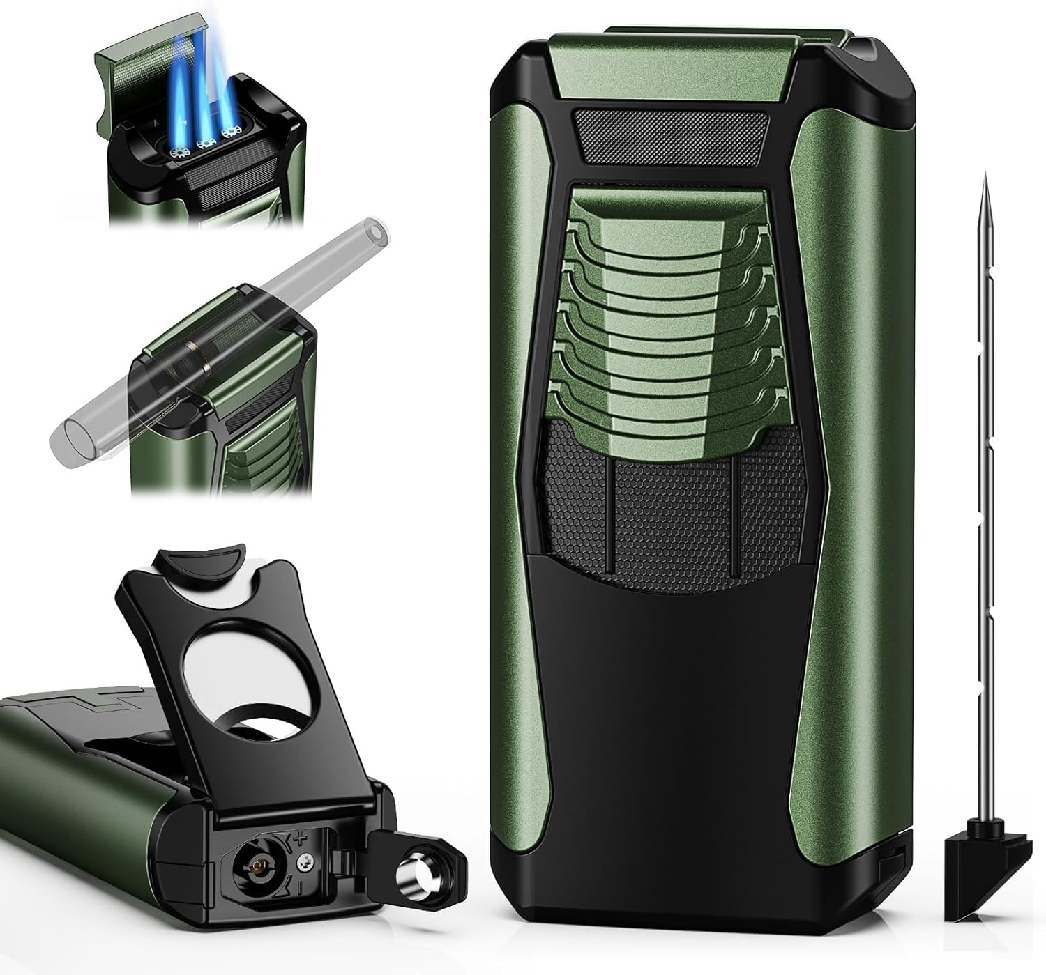 5-in-1 Torch Lighter with Straight Tool, Holder, Punch, Draw Enhancer Tool, Adjustable & Windproof 3 Jet Flame, Refillable Butane Torch Lighters, Gifts for Men, Multifunctional Accessories for Travel