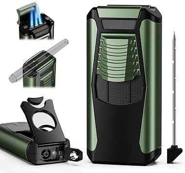 5-in-1 Torch Lighter with Straight Tool, Holder, Punch, Draw Enhancer Tool, Adjustable & Windproof 3 Jet Flame, Refillable Butane Torch Lighters, Gifts for Men, Multifunctional Accessories for Travel
