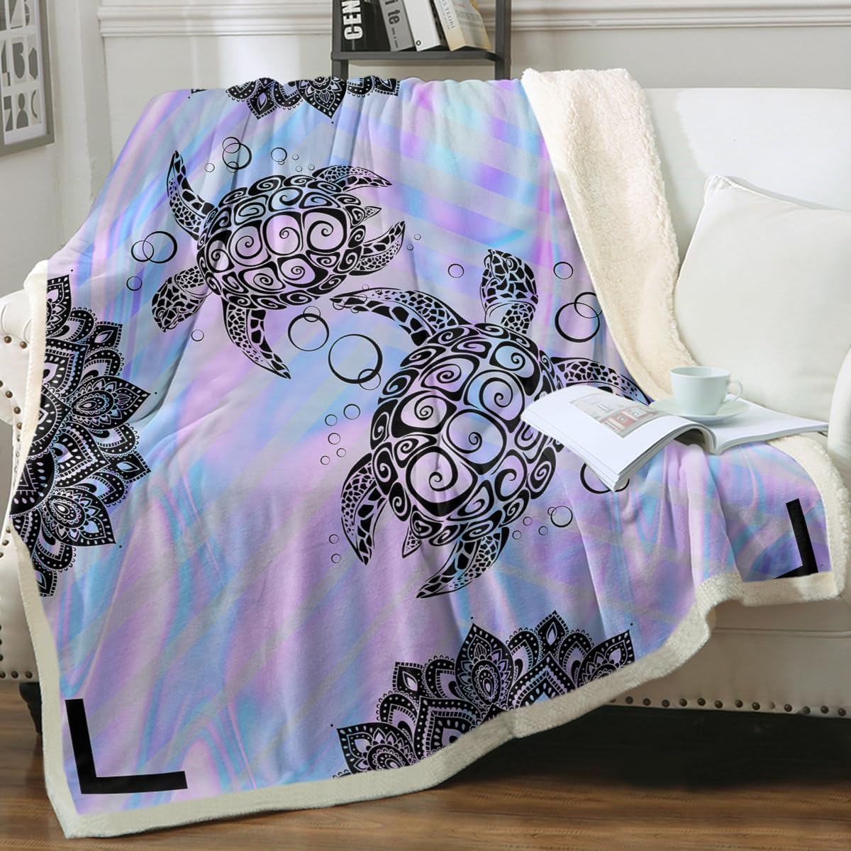 Sleepwish Marble Pastel Sea Turtle Sherpa Blanket for Kids Girls Boys Purple Mandala Turtle Fleece Throw Blanket for Bed Sofa, Throw(50"x60")